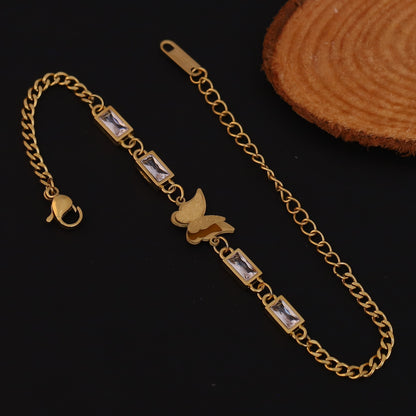 Butterfly Charms White Stones Chain Bracelet Gold Plated – Single Layer, Anti-Tarnish, Waterproof (GOLD)