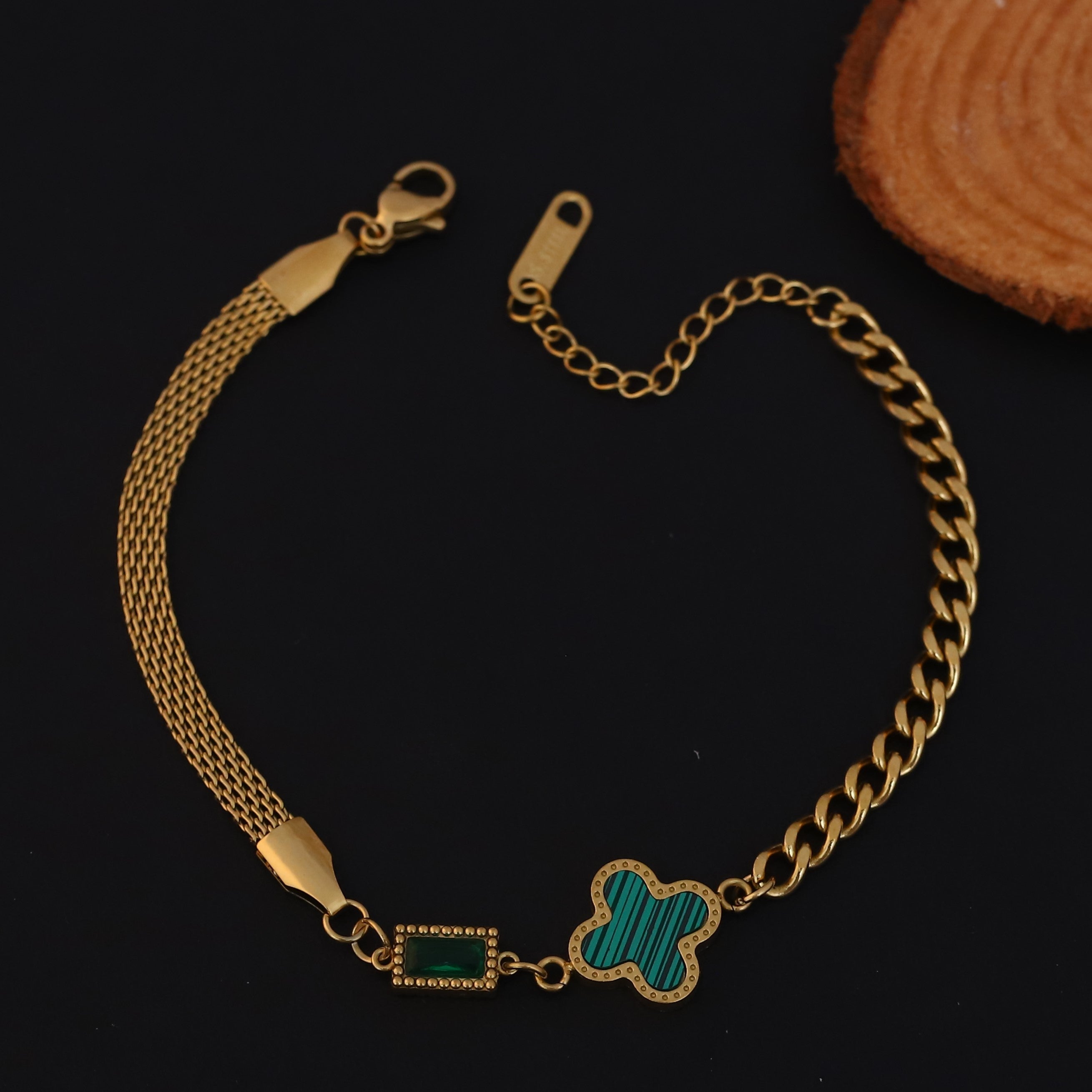 Charms Green Stone Chain Bracelet Gold Plated – Single Layer, Anti-Tarnish, Waterproof (GOLD)