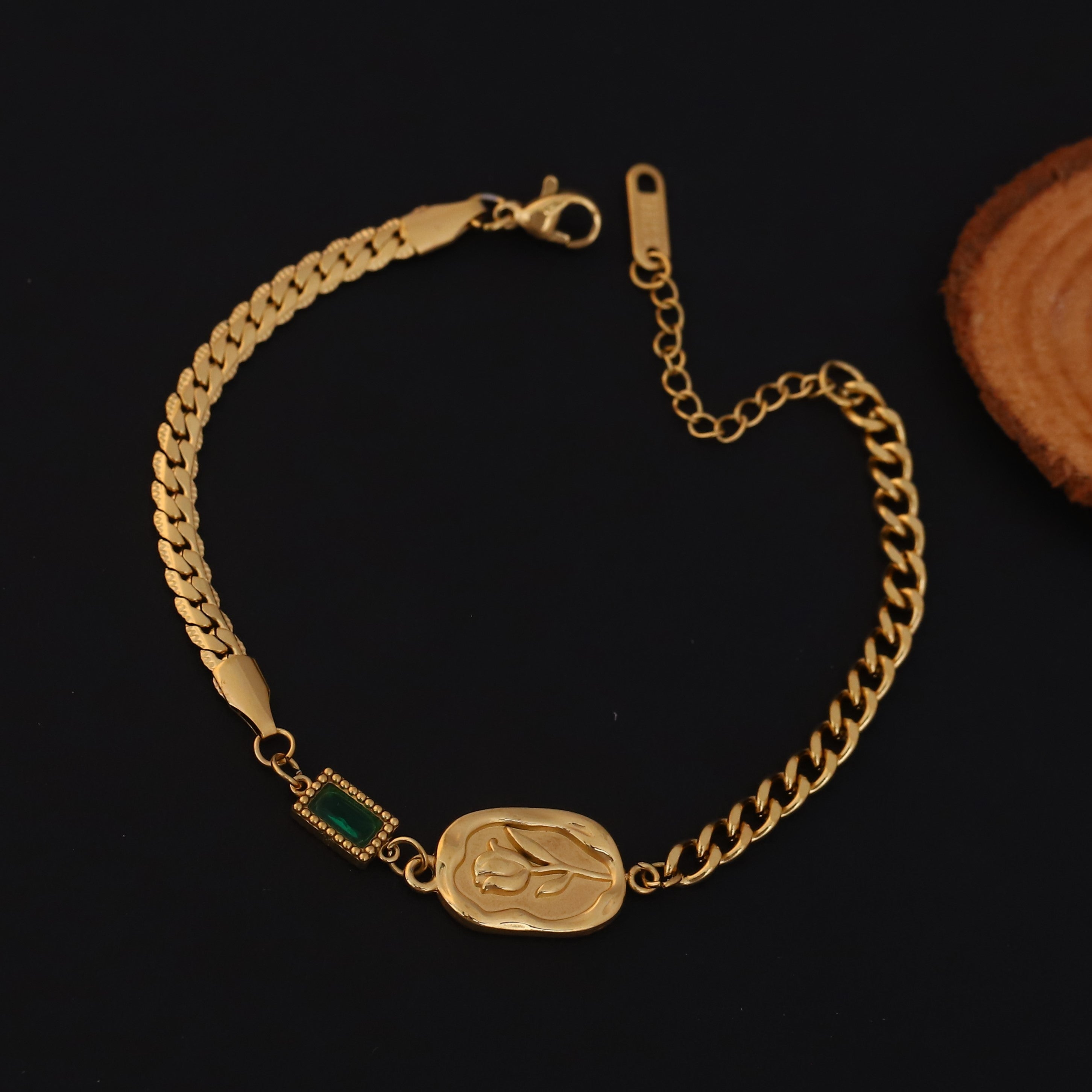 Rose Green Stone Chain Bracelet Gold Plated – Single Layer, Anti-Tarnish, Waterproof (GOLD)