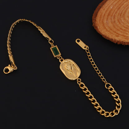 Rose Green Stone Chain Bracelet Gold Plated – Single Layer, Anti-Tarnish, Waterproof (GOLD)