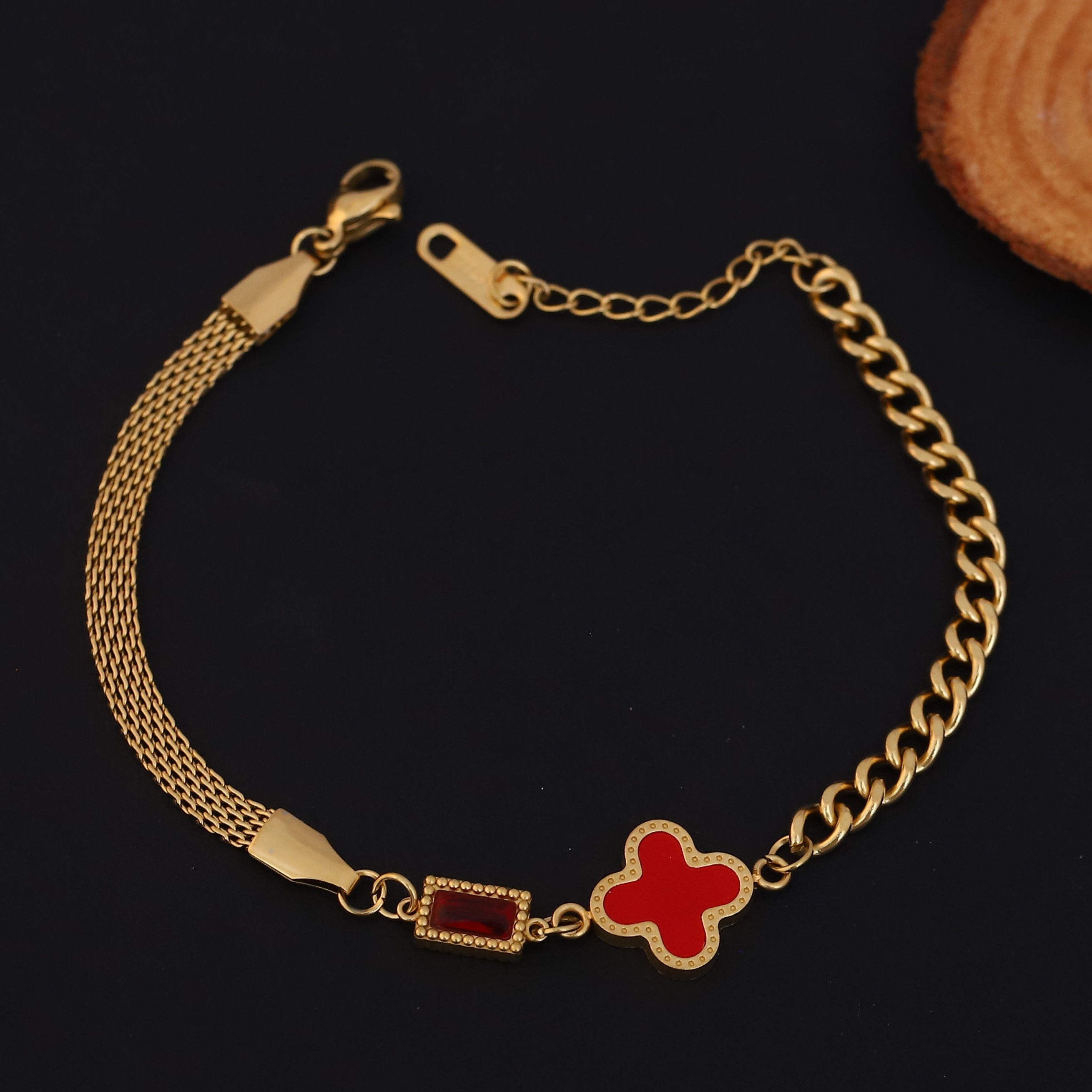 Charms Red Stone Chain Bracelet Gold Plated – Single Layer, Anti-Tarnish, Waterproof (GOLD)