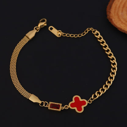 Charms Red Stone Chain Bracelet Gold Plated – Single Layer, Anti-Tarnish, Waterproof (GOLD)