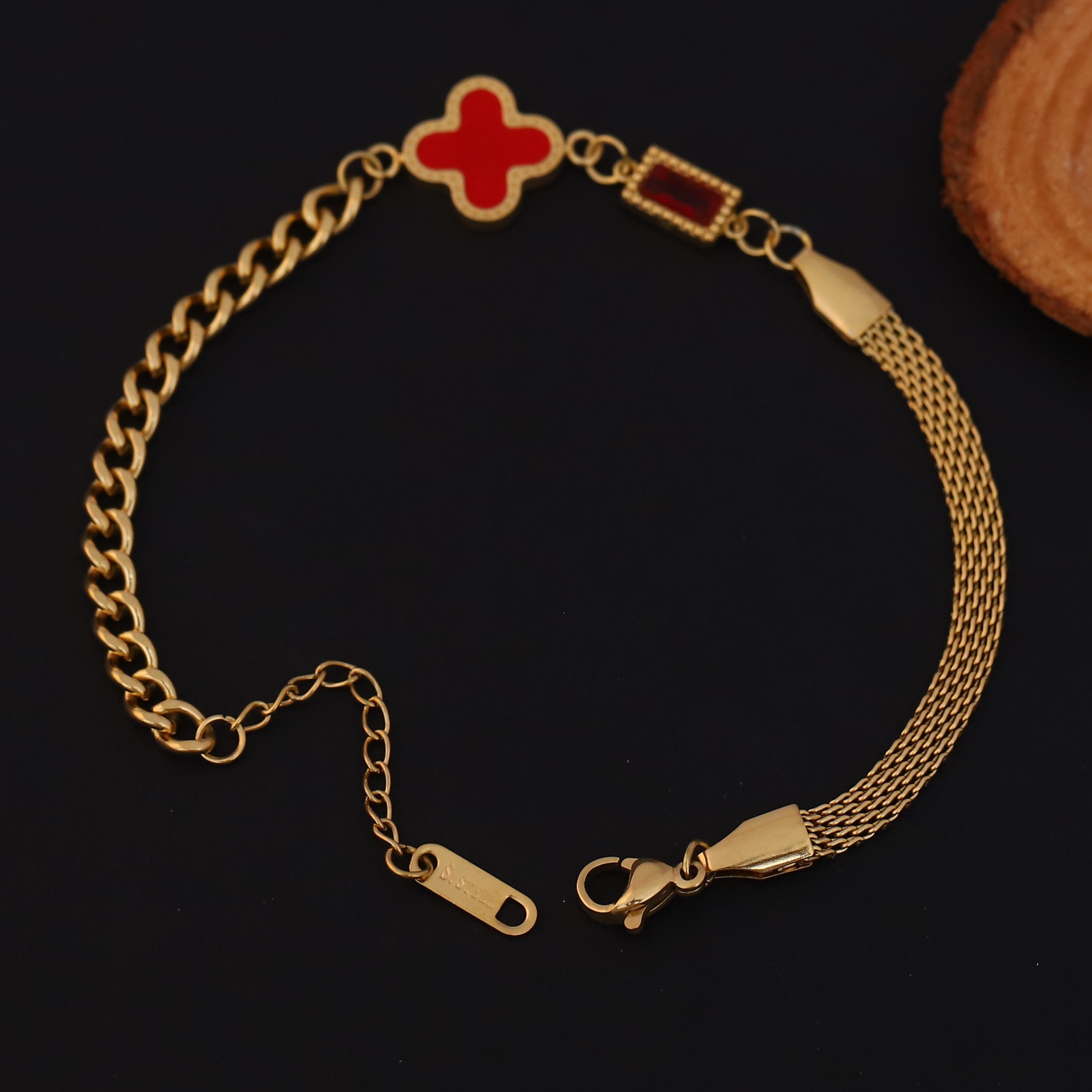 Charms Red Stone Chain Bracelet Gold Plated – Single Layer, Anti-Tarnish, Waterproof (GOLD)