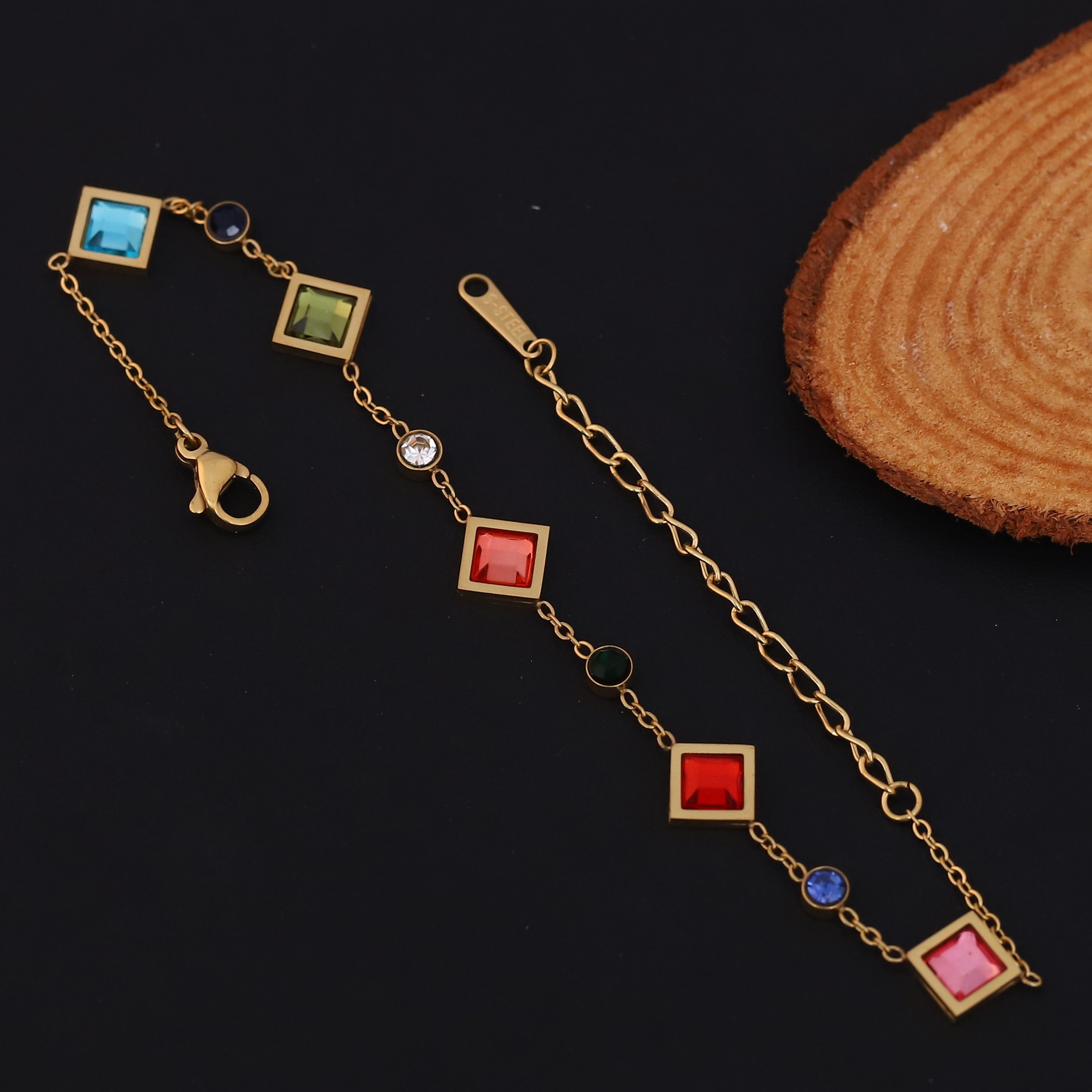 Zircon Stones Multicolor Chain Bracelet Gold Plated – Single Layer, Anti-Tarnish, Waterproof(GOLD)