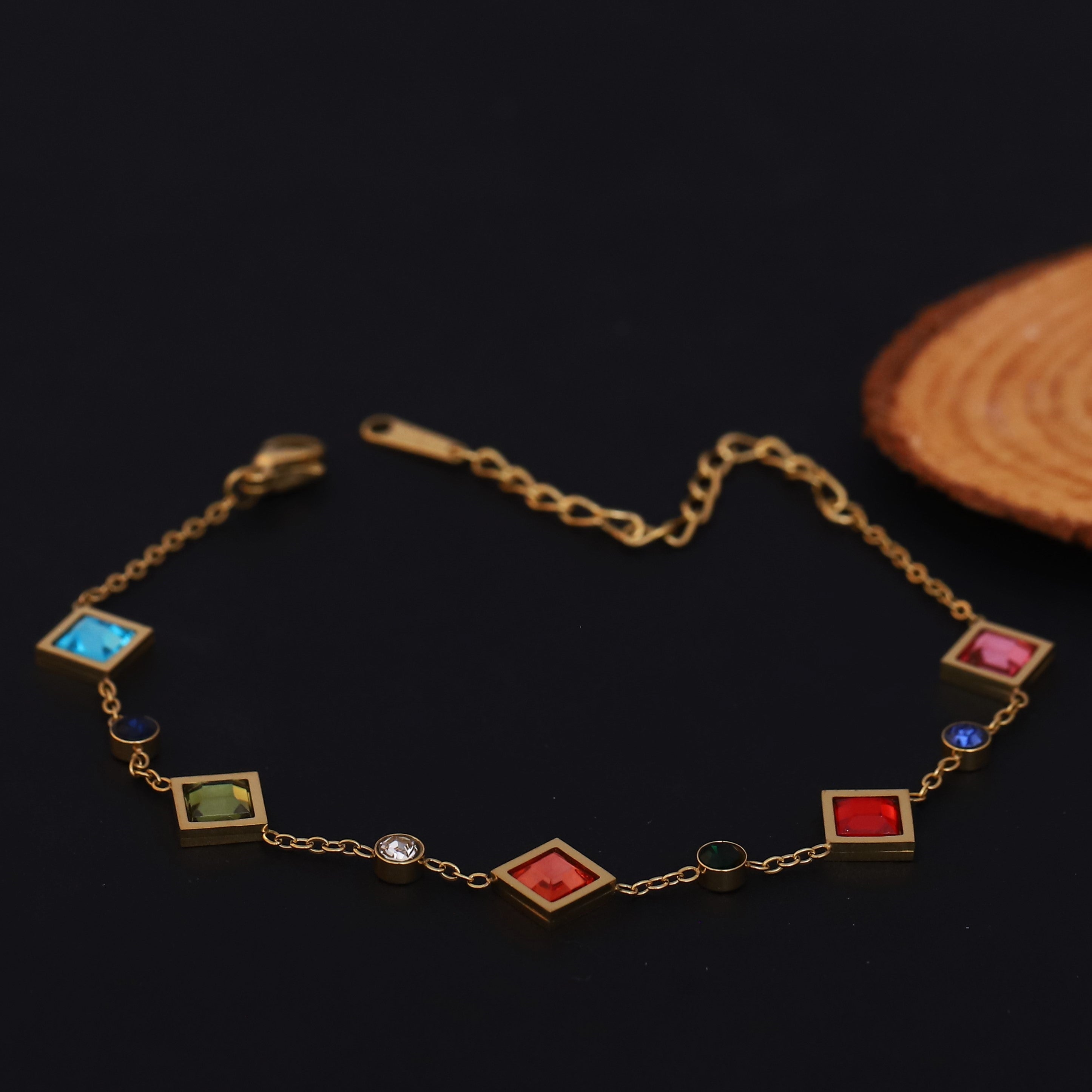 Zircon Stones Multicolor Chain Bracelet Gold Plated – Single Layer, Anti-Tarnish, Waterproof(GOLD)
