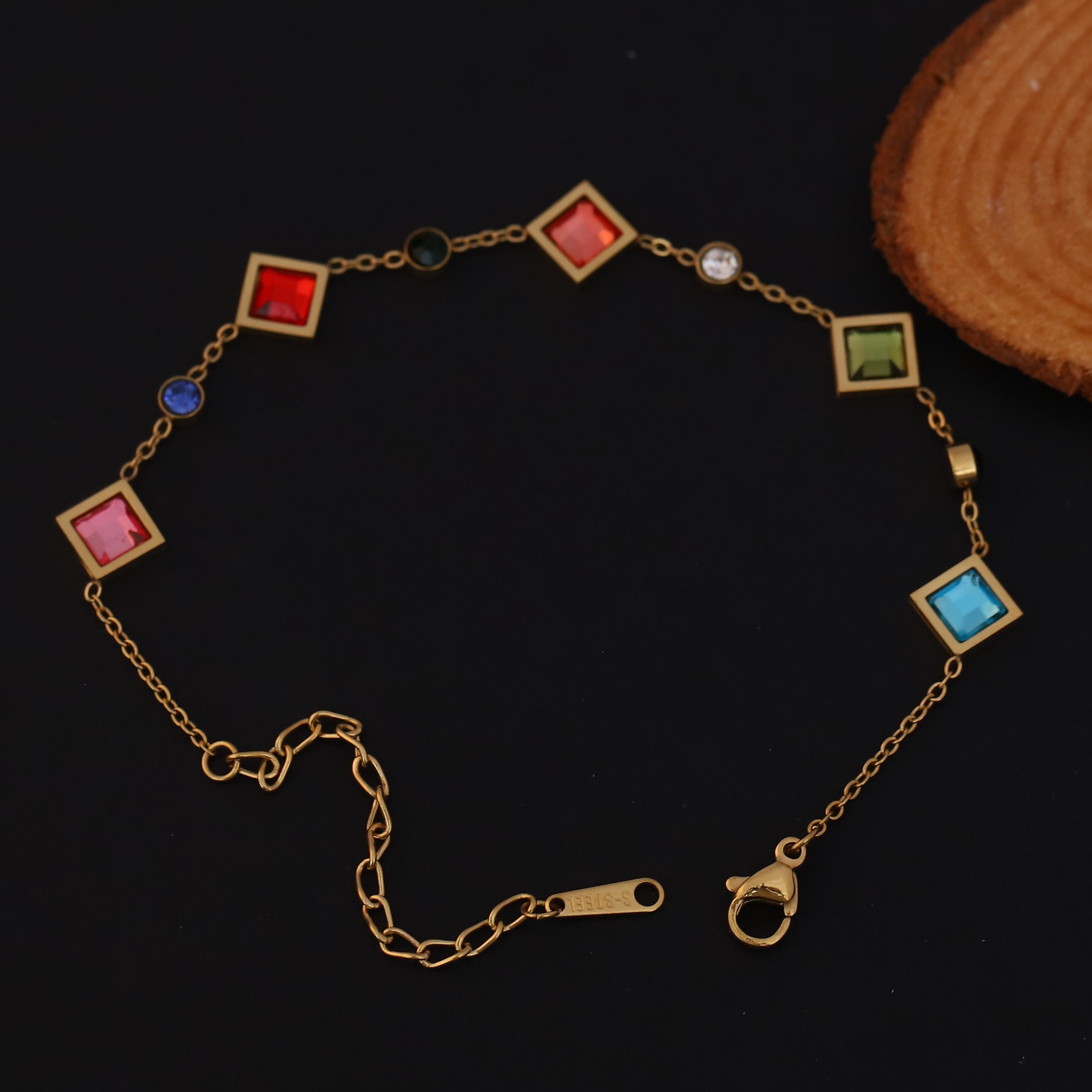 Zircon Stones Multicolor Chain Bracelet Gold Plated – Single Layer, Anti-Tarnish, Waterproof(GOLD)