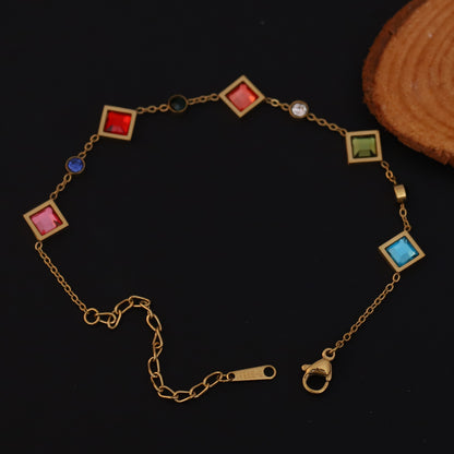 Zircon Stones Multicolor Chain Bracelet Gold Plated – Single Layer, Anti-Tarnish, Waterproof(GOLD)