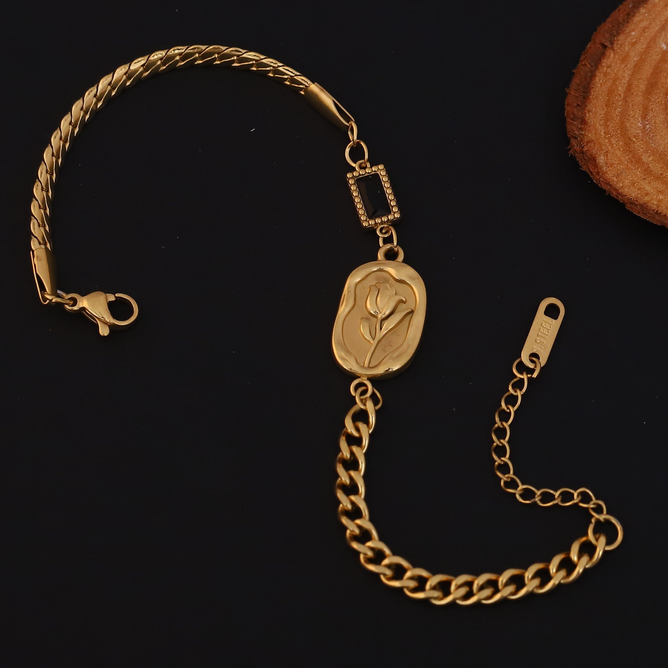 Rose Black Stone Chain Bracelet Gold Plated – Single Layer, Anti-Tarnish, Waterproof (GOLD)