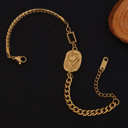 Rose Black Stone Chain Bracelet Gold Plated – Single Layer, Anti-Tarnish, Waterproof (GOLD)