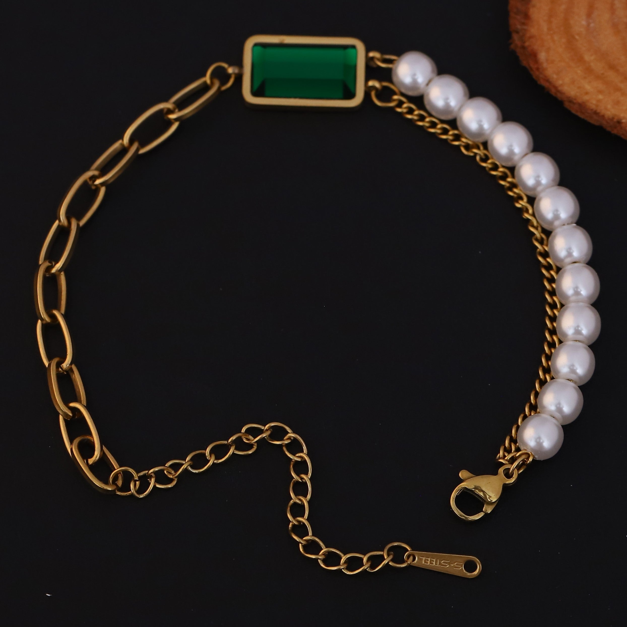 Green Stone Pearl Chain Bracelet Gold Plated – Double Layer, Anti-Tarnish, Waterproof, Minimalist Style (GOLD)