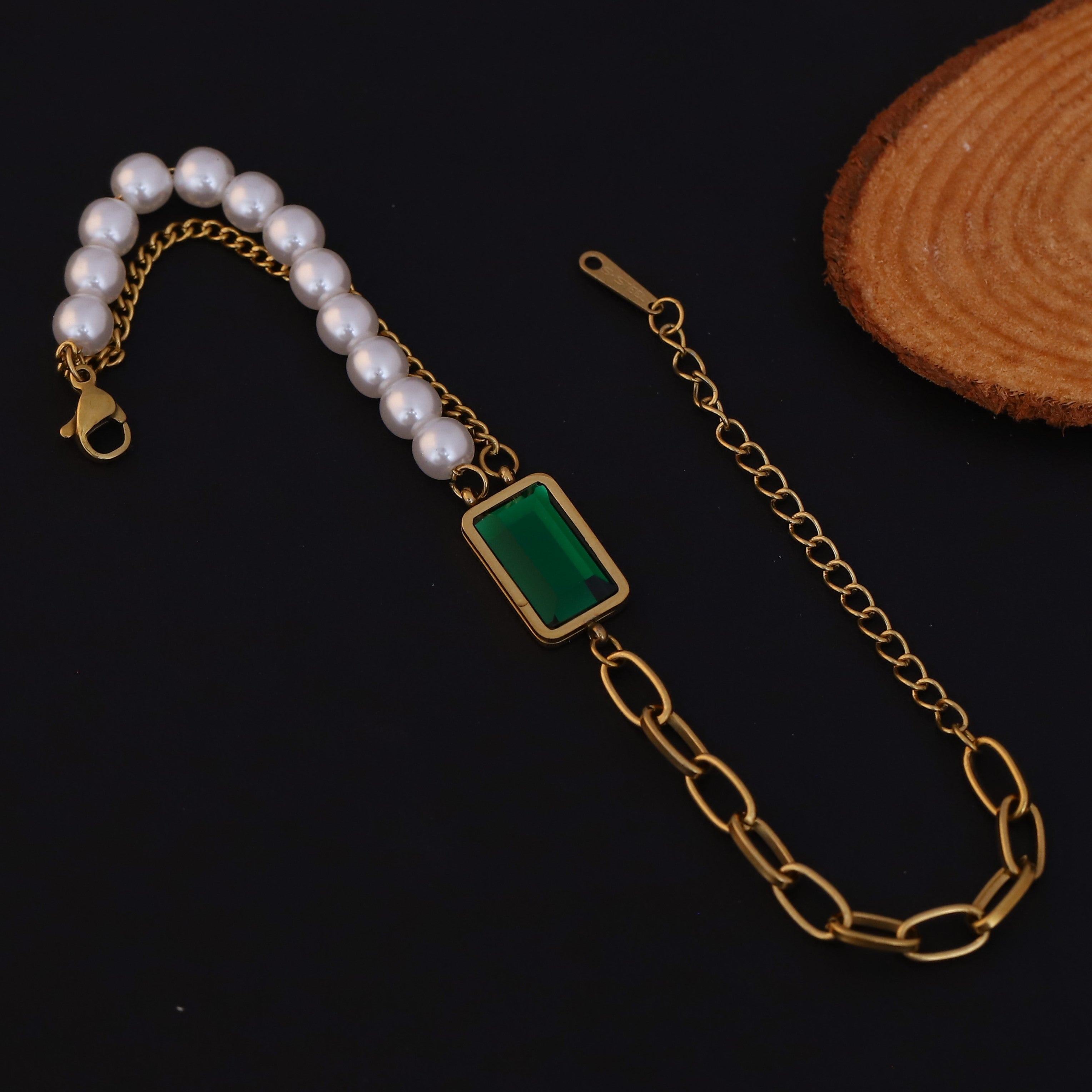 Green Stone Pearl Chain Bracelet Gold Plated – Double Layer, Anti-Tarnish, Waterproof, Minimalist Style (GOLD)