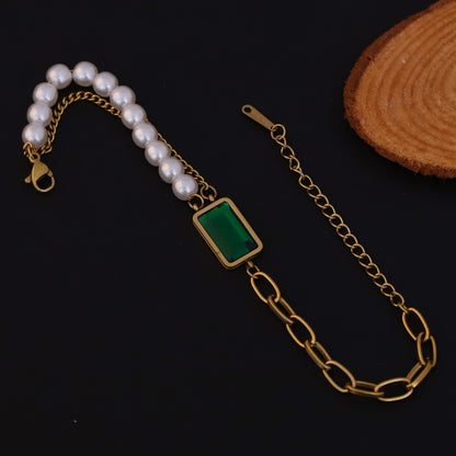 Green Stone Pearl Chain Bracelet Gold Plated – Double Layer, Anti-Tarnish, Waterproof, Minimalist Style (GOLD)