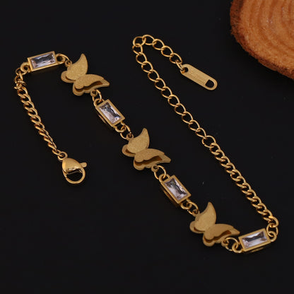 Butterfly Charms White Stones Chain Bracelet Gold Plated – Single Layer, Anti-Tarnish, Waterproof (GOLD)