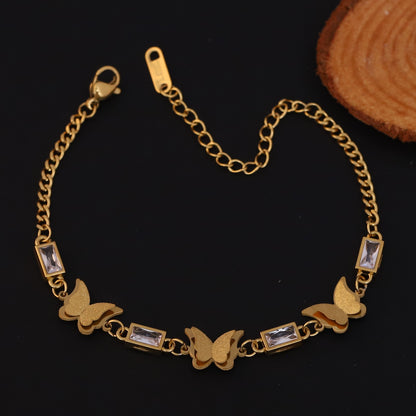 Butterfly Charms White Stones Chain Bracelet Gold Plated – Single Layer, Anti-Tarnish, Waterproof (GOLD)
