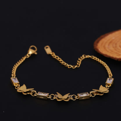 Butterfly Charms White Stones Chain Bracelet Gold Plated – Single Layer, Anti-Tarnish, Waterproof (GOLD)