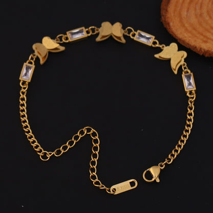 Butterfly Charms White Stones Chain Bracelet Gold Plated – Single Layer, Anti-Tarnish, Waterproof (GOLD)
