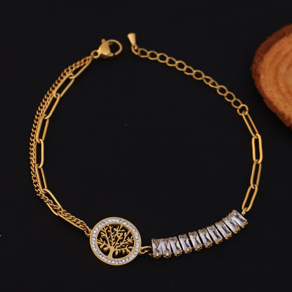 Life Tree White Color Stones Chain Bracelet Gold Plated – Single Layer, Anti-Tarnish, Waterproof, Minimalist Style (GOLD)