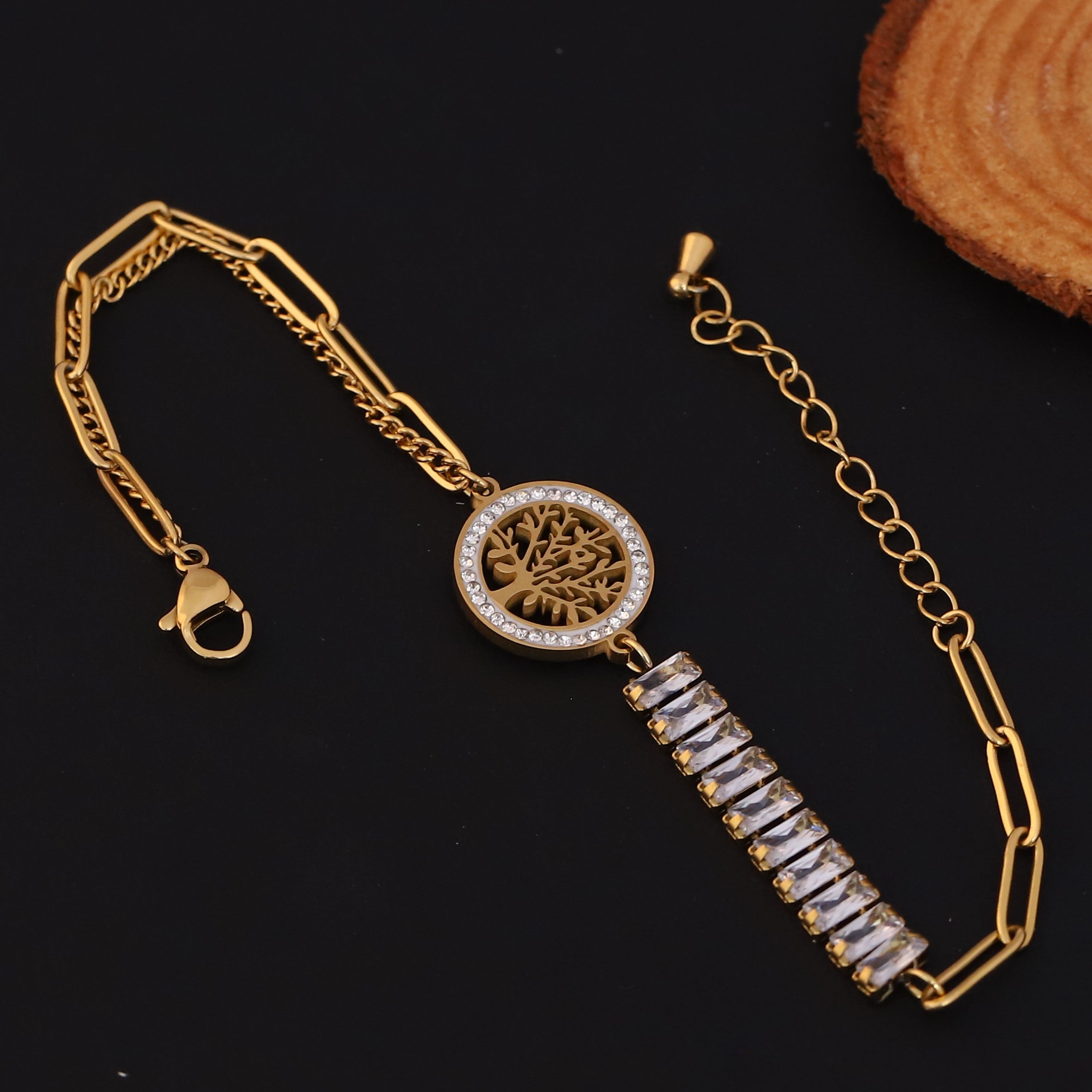 Life Tree White Color Stones Chain Bracelet Gold Plated – Single Layer, Anti-Tarnish, Waterproof, Minimalist Style (GOLD)