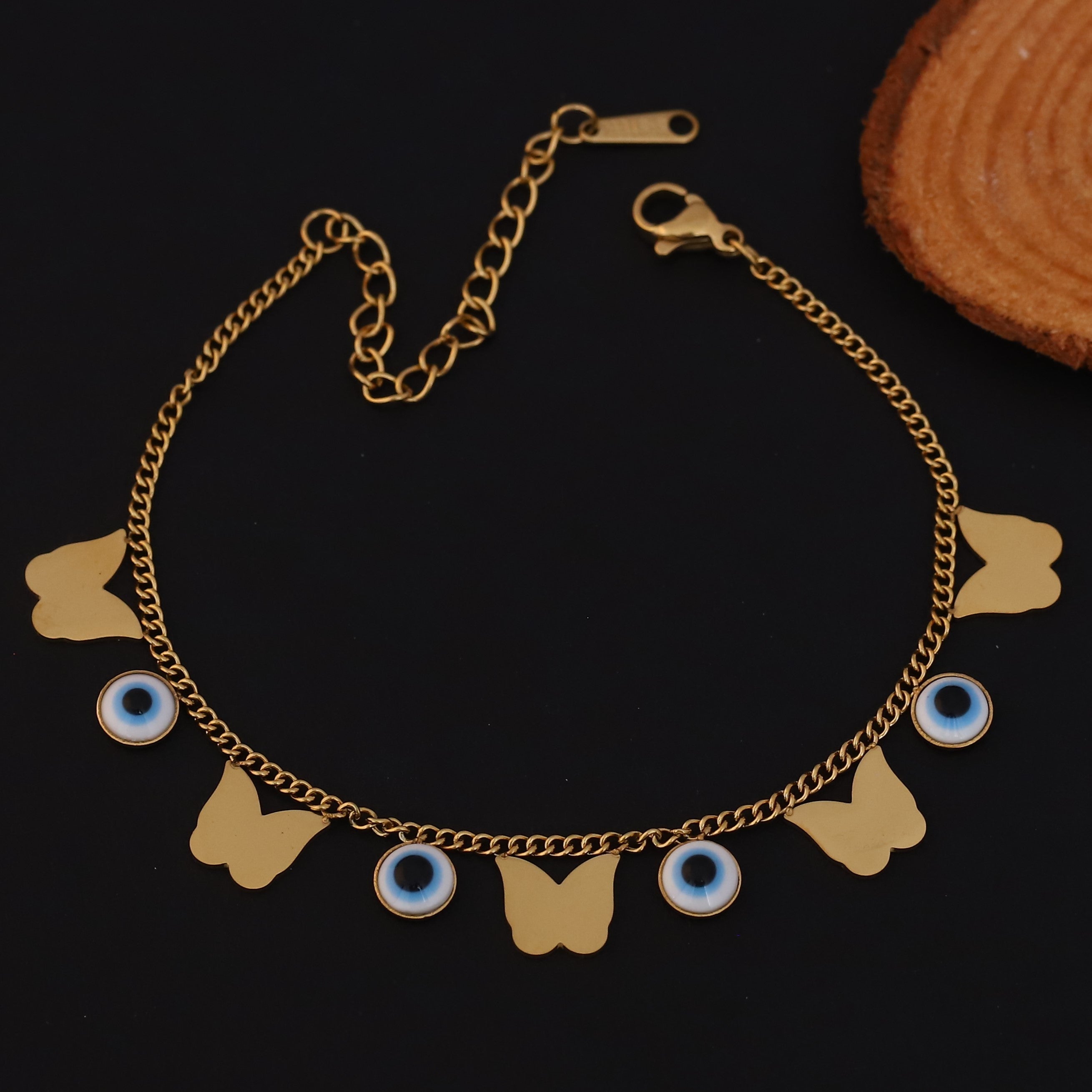 Butterfly Evil Eye Charms Chain Bracelet Gold Plated – Single Layer, Anti-Tarnish, Waterproof, Minimalist Style (GOLD)