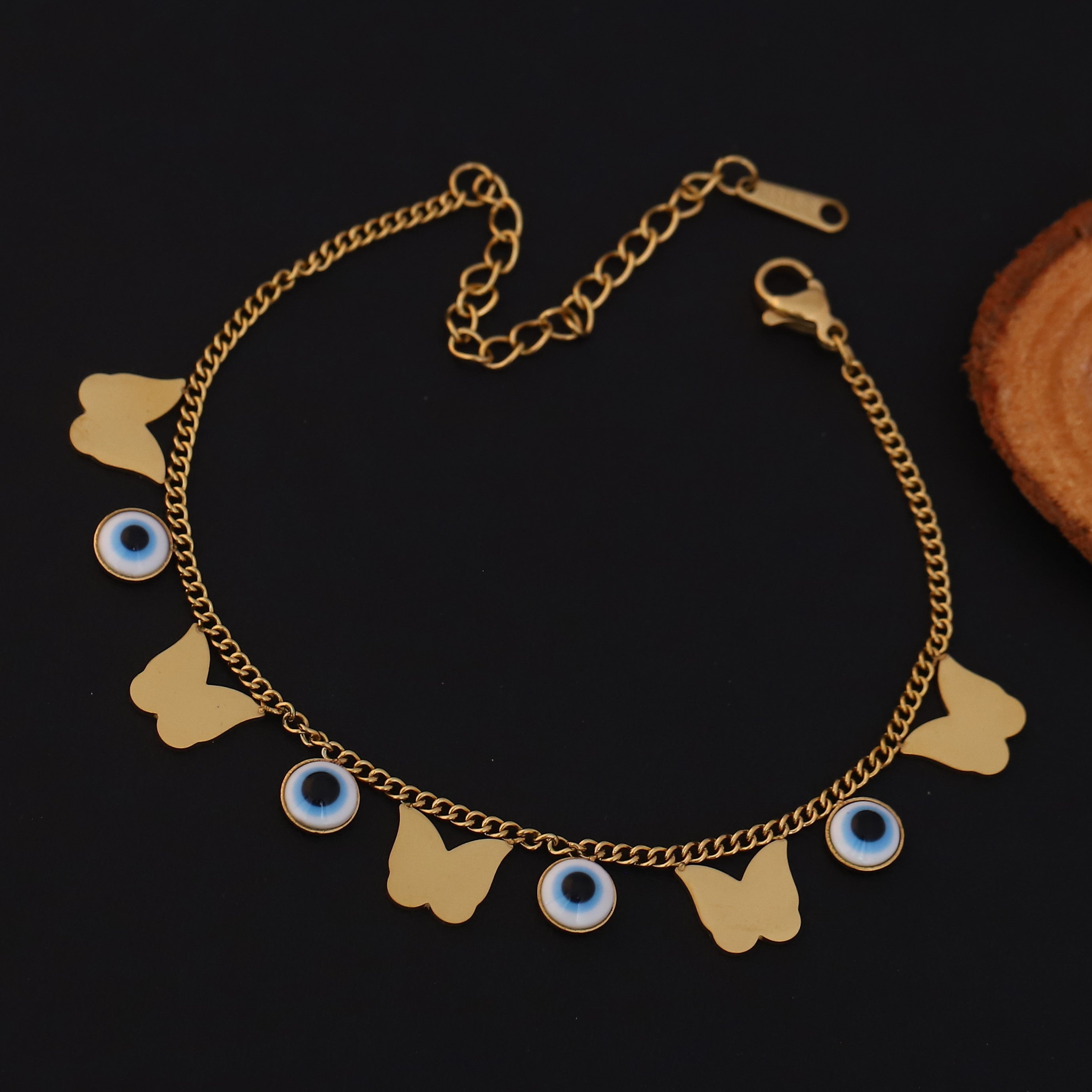 Butterfly Evil Eye Charms Chain Bracelet Gold Plated – Single Layer, Anti-Tarnish, Waterproof, Minimalist Style (GOLD)
