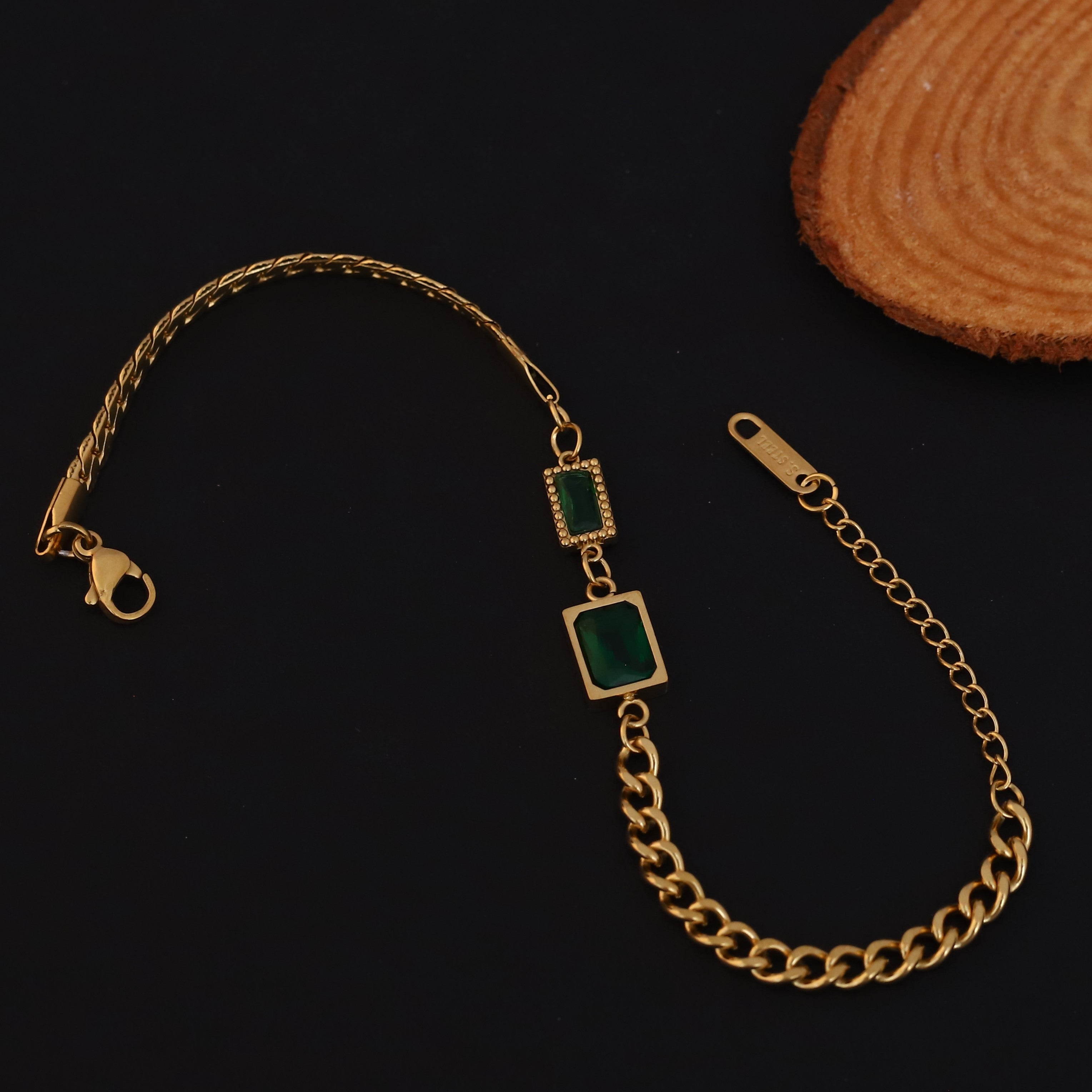 Charms Green Stones Chain Bracelet Gold Plated – Single Layer, Anti-Tarnish, Waterproof (GOLD)