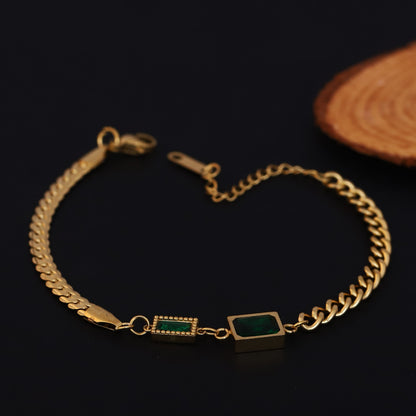 Charms Green Stones Chain Bracelet Gold Plated – Single Layer, Anti-Tarnish, Waterproof (GOLD)