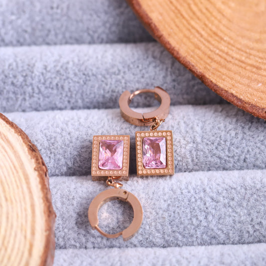 Hoop Pink Stone Earrings – Gold Plated, Anti-Tarnish, Waterproof, Everyday Minimalist Jewelry (ROSE GOLD)