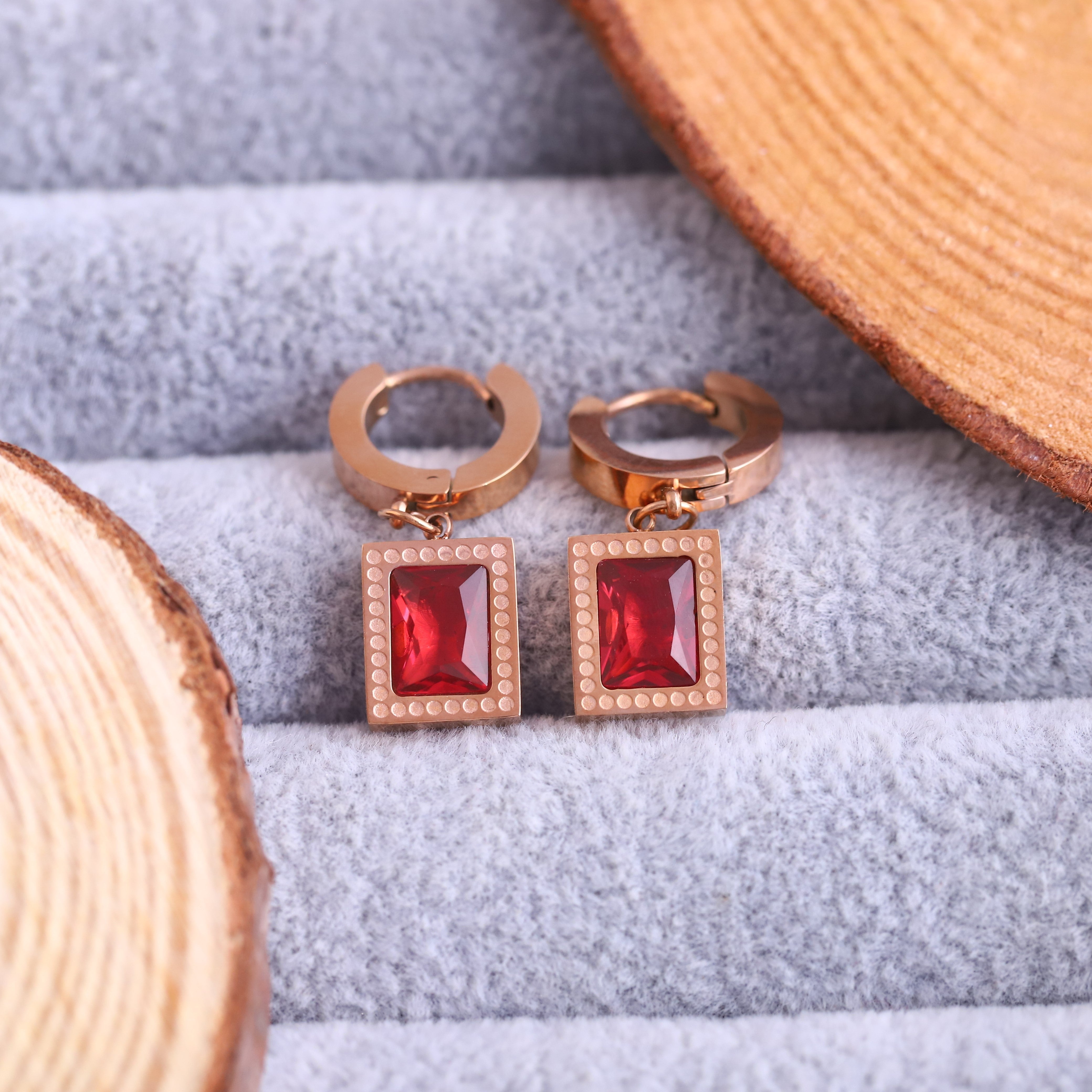 Hoop Red Stone Earrings – Gold Plated, Anti-Tarnish, Waterproof, Everyday Minimalist Jewelry (ROSE GOLD)