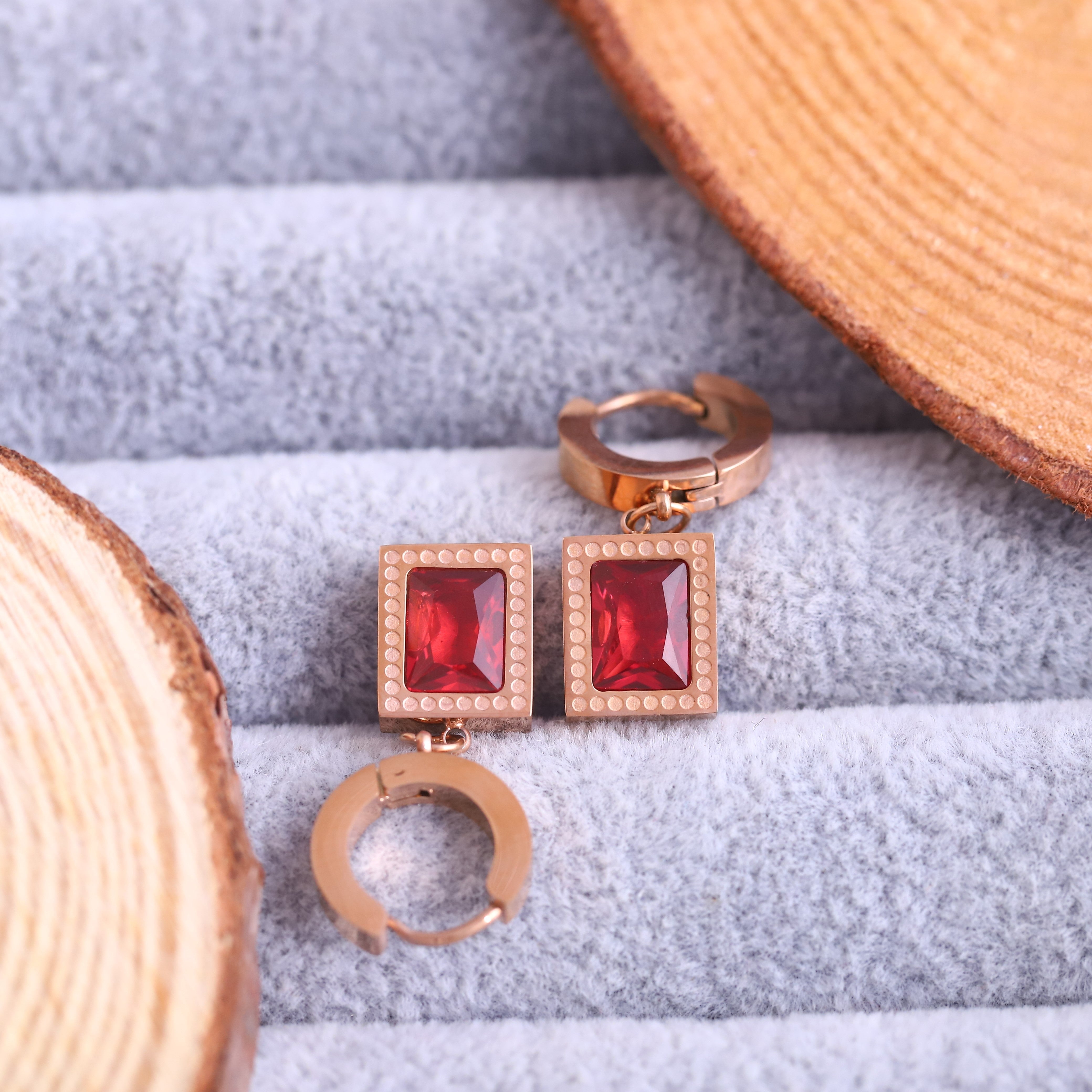 Hoop Red Stone Earrings – Gold Plated, Anti-Tarnish, Waterproof, Everyday Minimalist Jewelry (ROSE GOLD)
