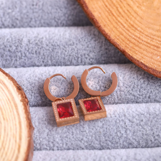 Hoop Red Stone Earrings – Gold Plated, Anti-Tarnish, Waterproof, Everyday Minimalist Jewelry (ROSE GOLD)