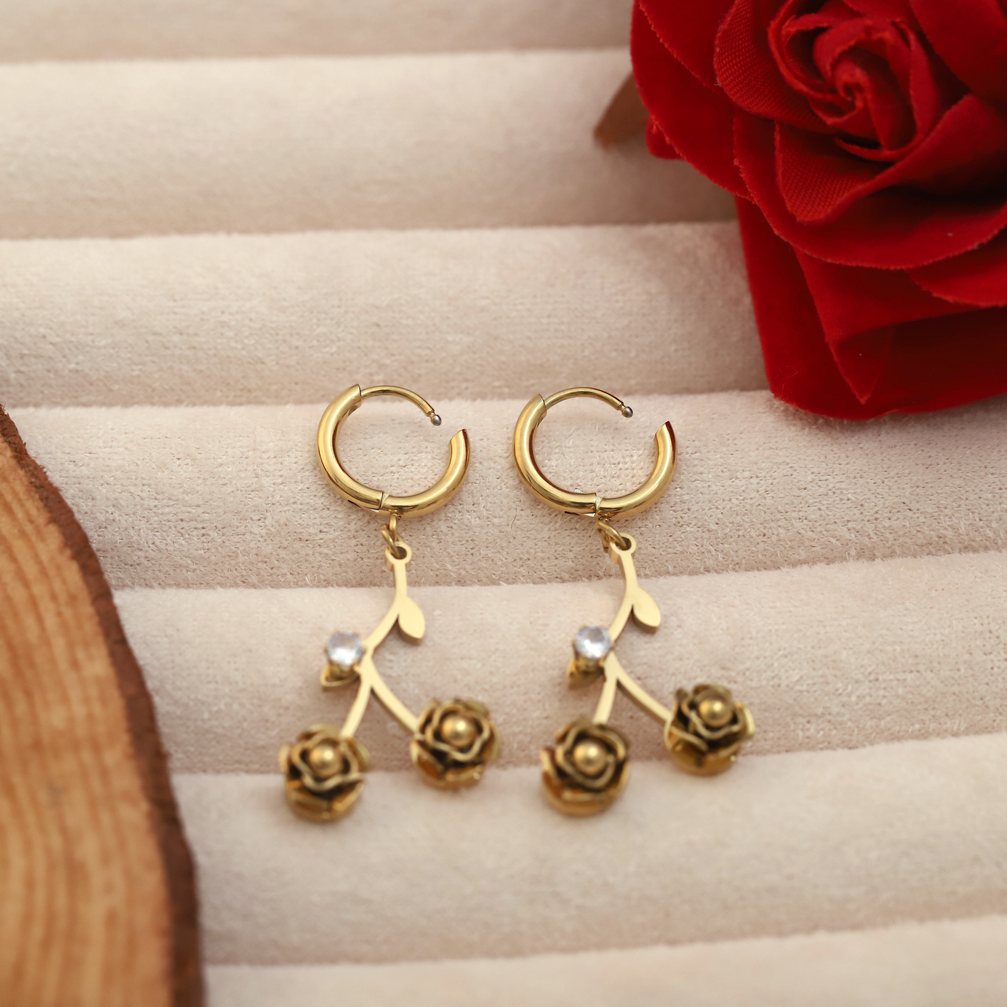 Hoop Rose Leaf Earrings – 22KT Gold Plated, Anti-Tarnish, Waterproof, Everyday Minimalist Jewelry (GOLD)