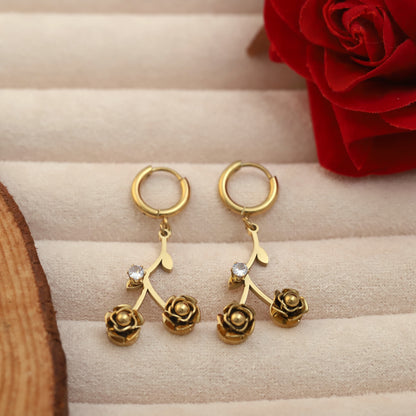 Hoop Rose Leaf Earrings – 22KT Gold Plated, Anti-Tarnish, Waterproof, Everyday Minimalist Jewelry (GOLD)