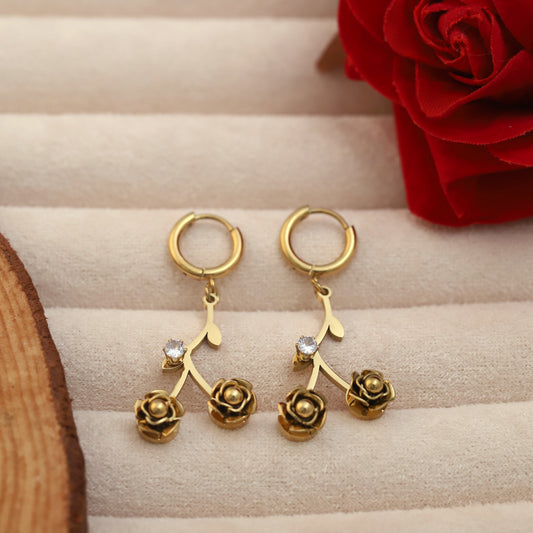 Hoop Rose Leaf Earrings – 22KT Gold Plated, Anti-Tarnish, Waterproof, Everyday Minimalist Jewelry (GOLD)