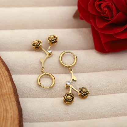 Hoop Rose Leaf Earrings – 22KT Gold Plated, Anti-Tarnish, Waterproof, Everyday Minimalist Jewelry (GOLD)