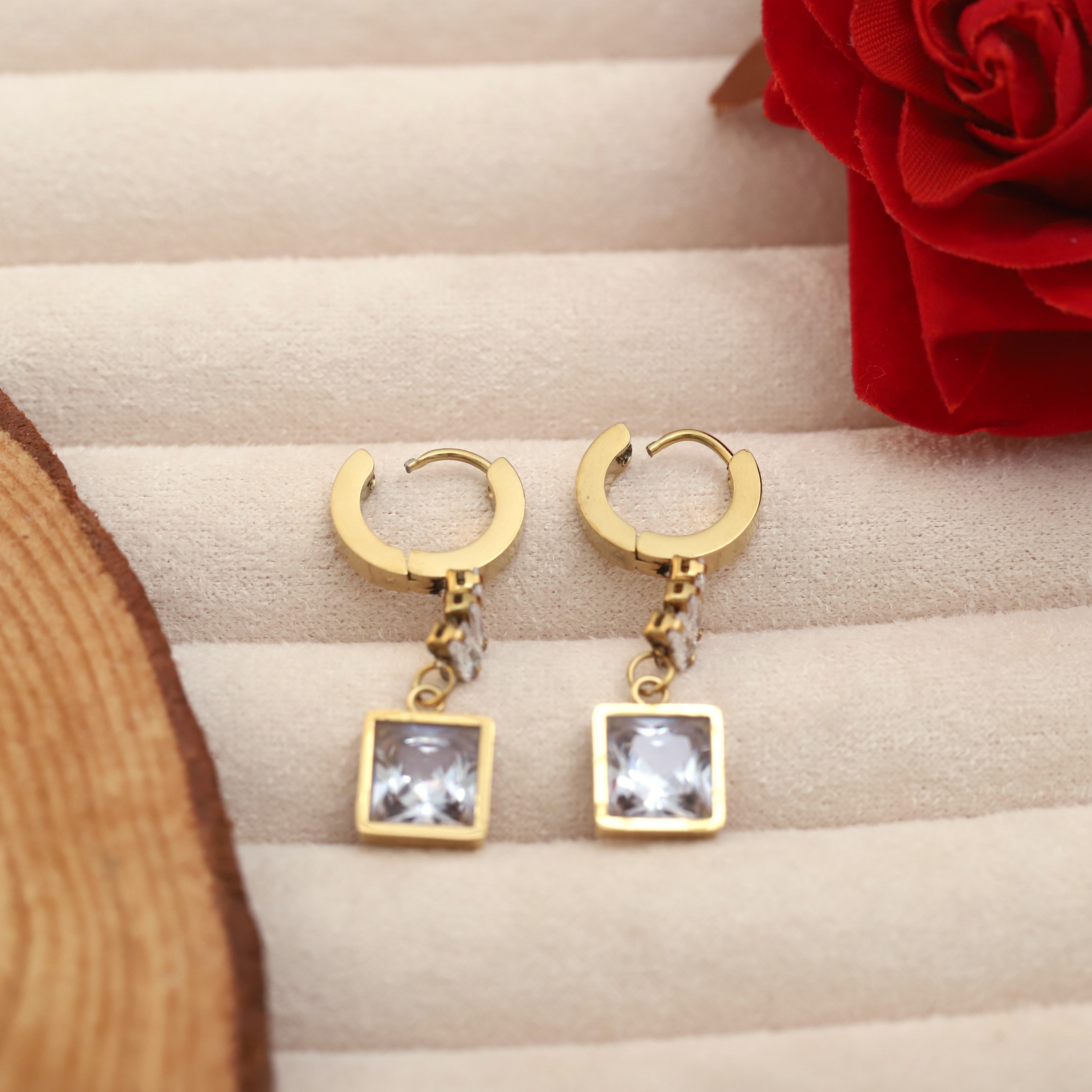 Hoop White Stone Earrings – 22KT Gold Plated, Anti-Tarnish, Waterproof, Everyday Minimalist Jewelry (GOLD)