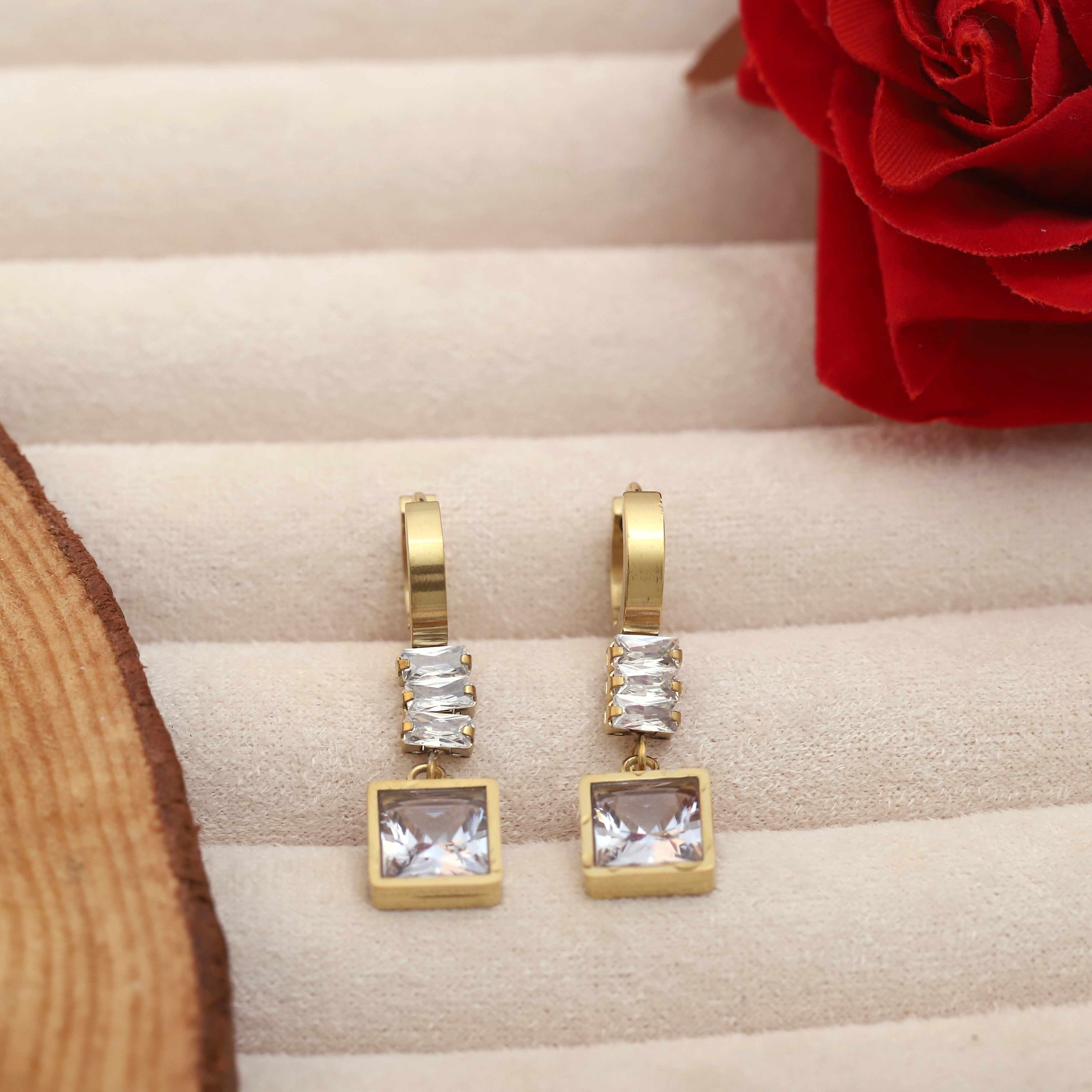 Hoop White Stone Earrings – 22KT Gold Plated, Anti-Tarnish, Waterproof, Everyday Minimalist Jewelry (GOLD)