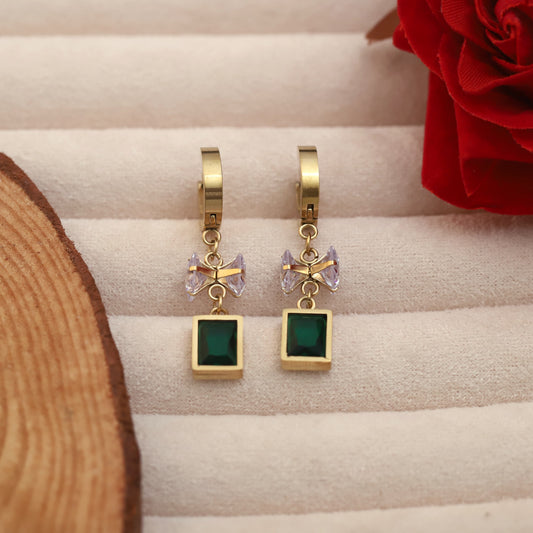 Hoop Green Stone Earrings – 22KT Gold Plated, Anti-Tarnish, Waterproof, Everyday Minimalist Jewelry (GOLD)