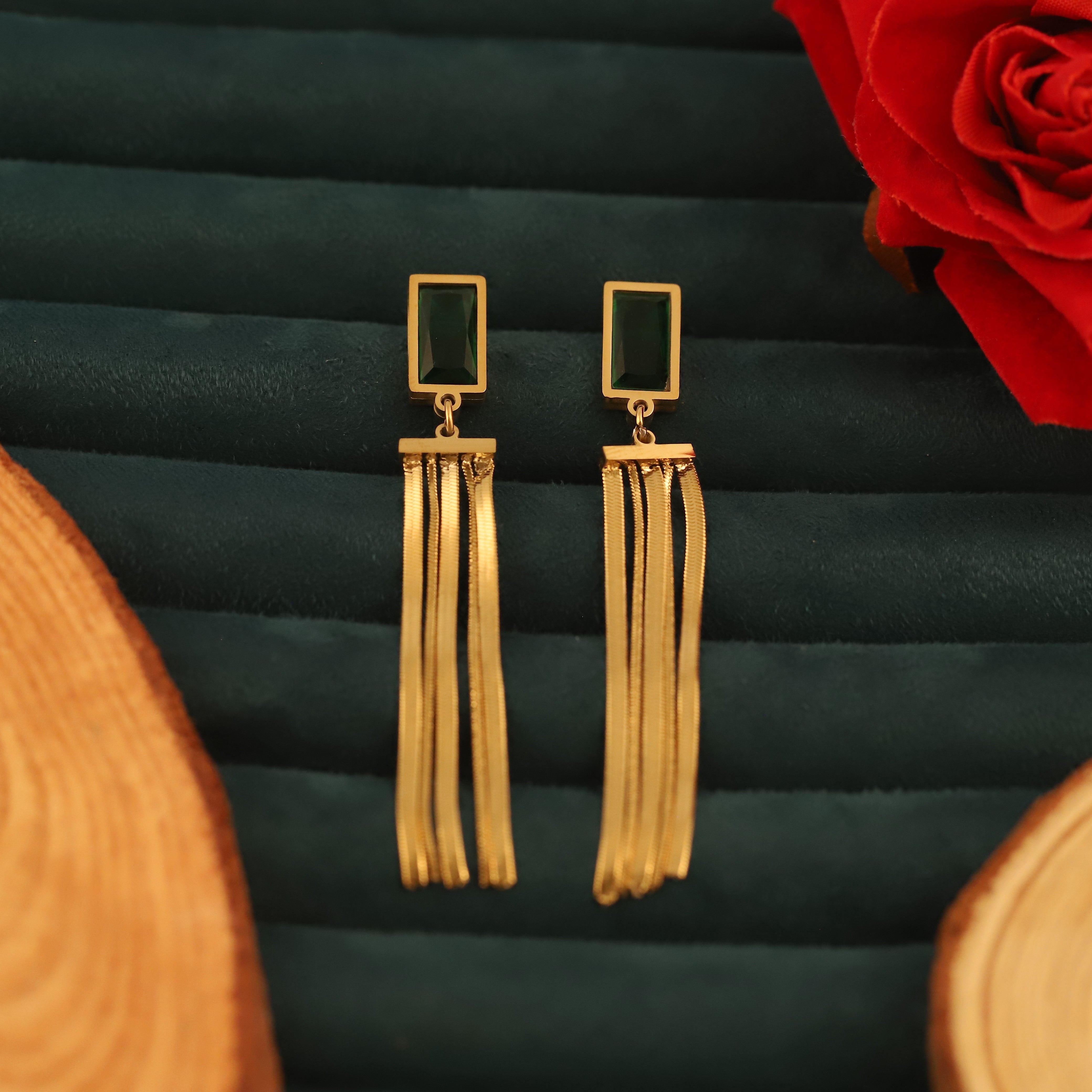 Trendy Green Stone Drops Earrings – Gold Plated, Anti-Tarnish, Waterproof, Everyday Minimalist Jewelry (GOLD)