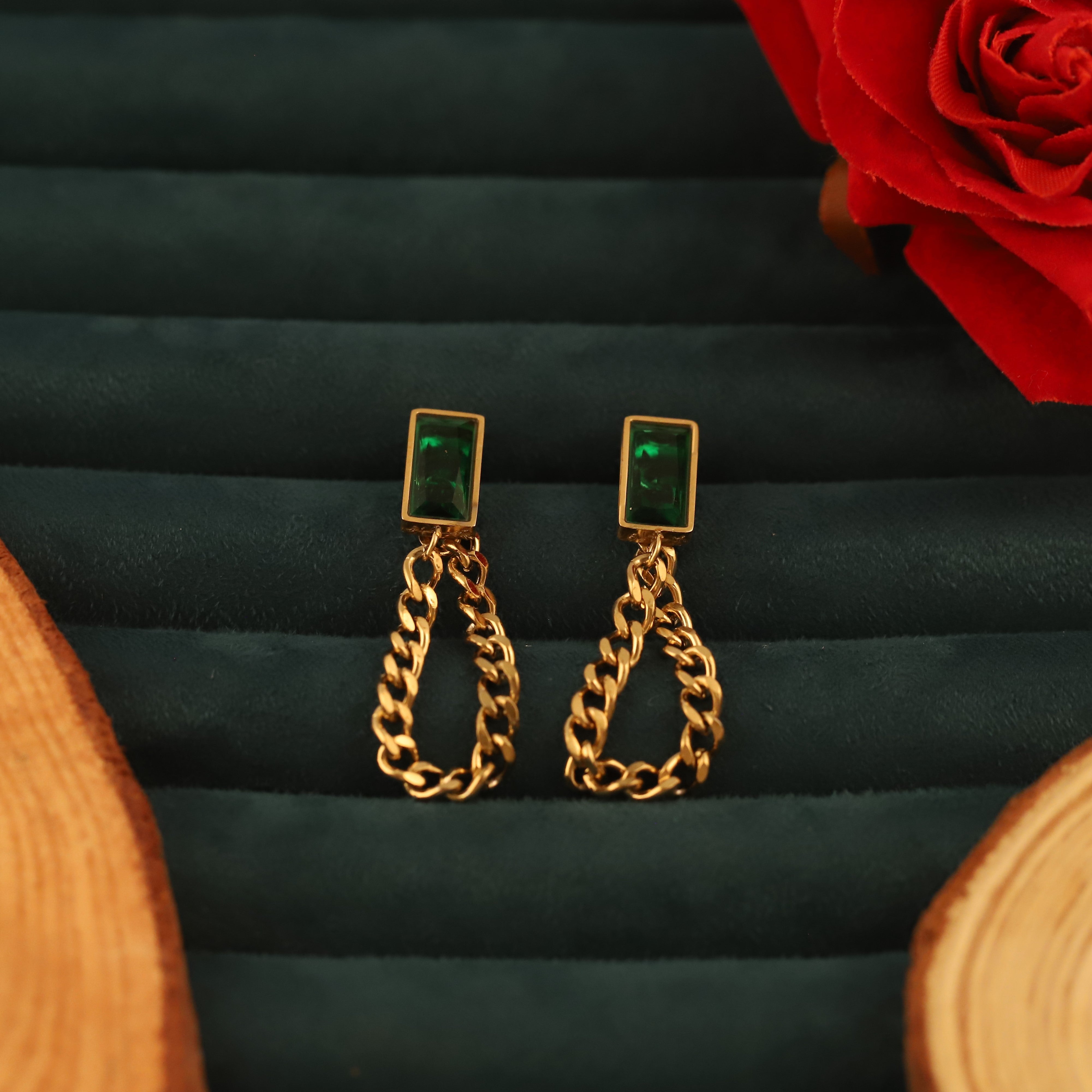Trendy Green Stone Drops Earrings – Gold Plated, Anti-Tarnish, Waterproof, Everyday Minimalist Jewelry (GOLD)