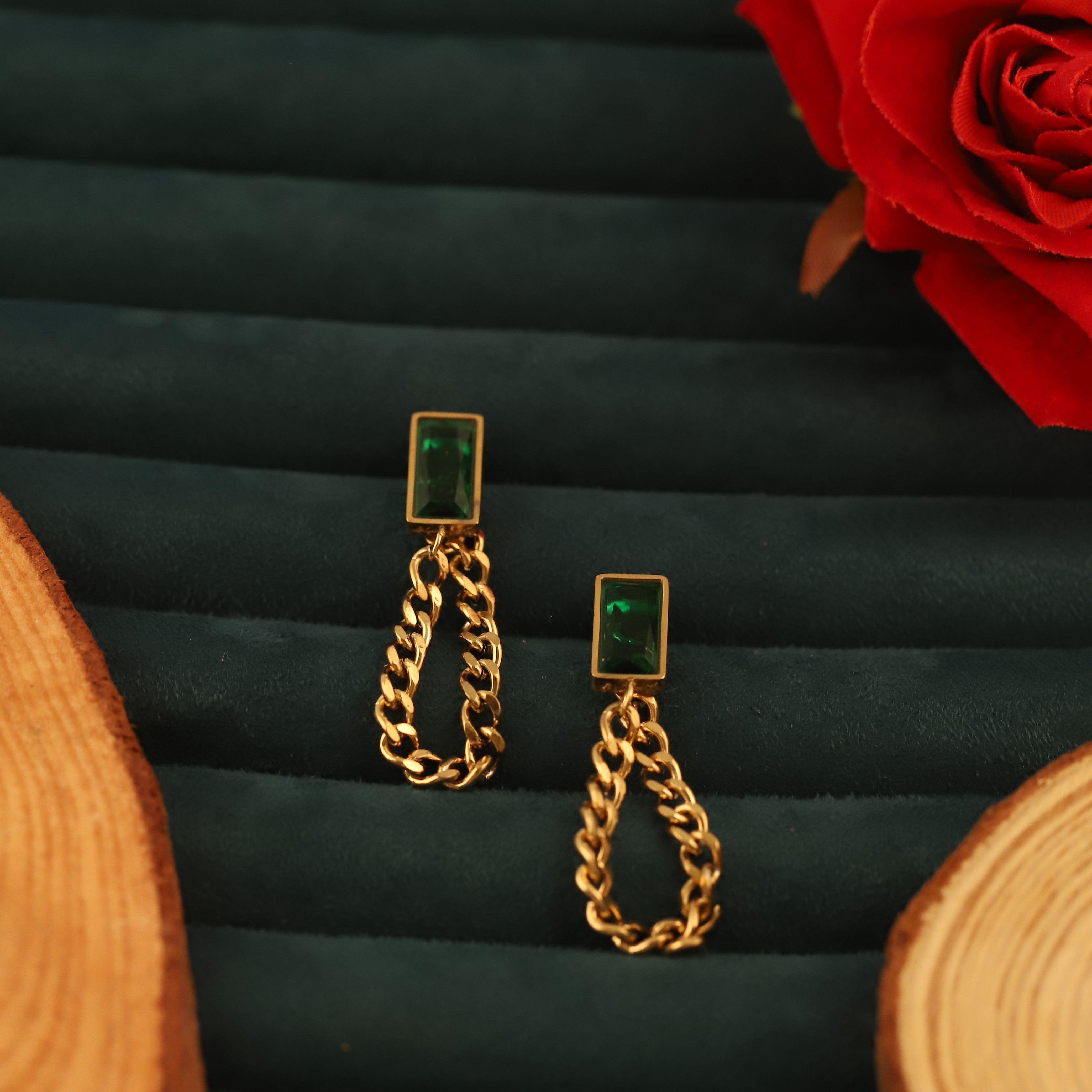 Trendy Green Stone Drops Earrings – Gold Plated, Anti-Tarnish, Waterproof, Everyday Minimalist Jewelry (GOLD)