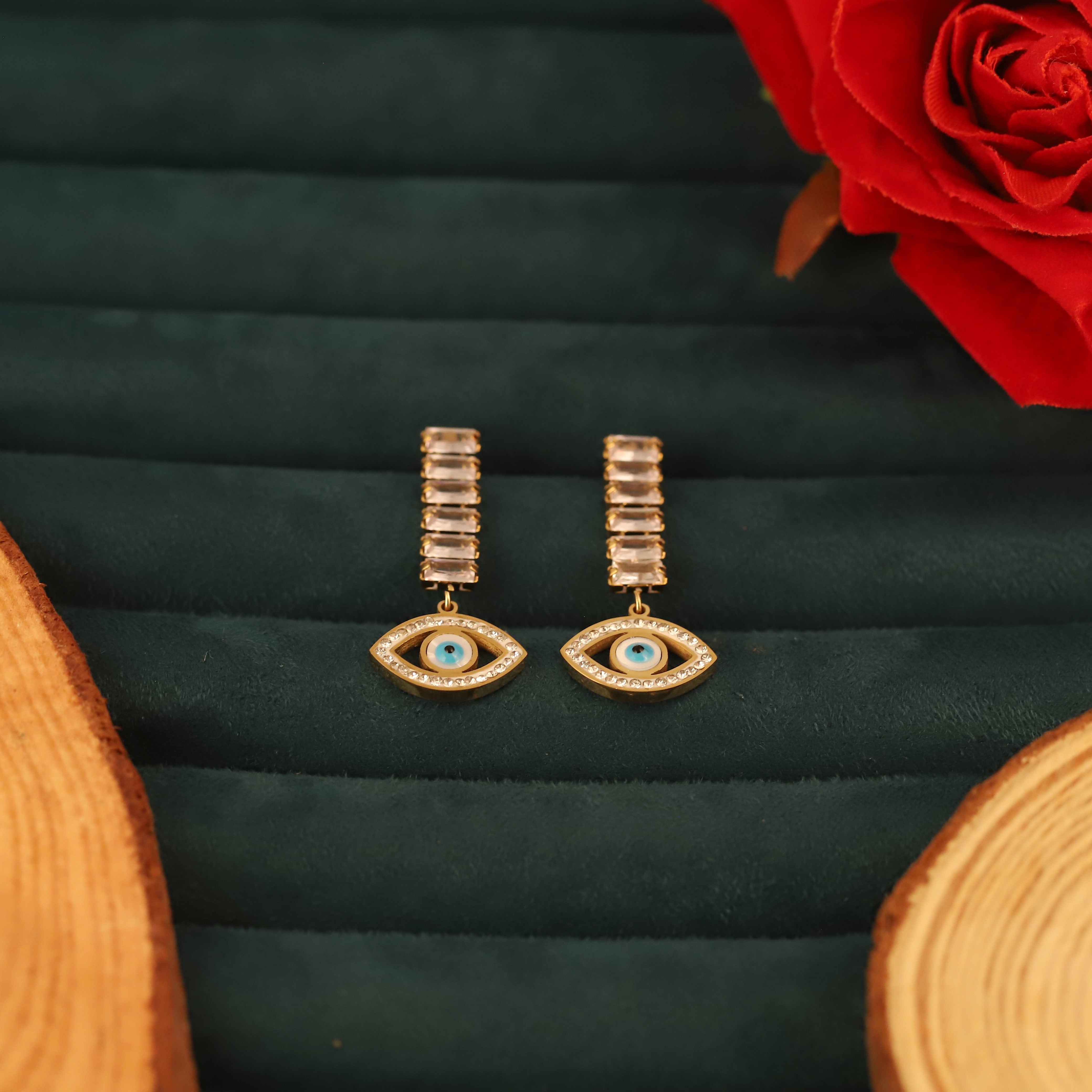 Trendy Evil Eye Drops White Stones Earrings – Gold Plated, Anti-Tarnish, Waterproof, Everyday Minimalist Jewelry (GOLD)