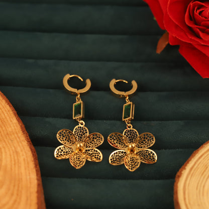 Hoop Flower Green Stone Earrings – 22KT Gold Plated, Anti-Tarnish, Waterproof, Everyday Minimalist Jewelry (GOLD)
