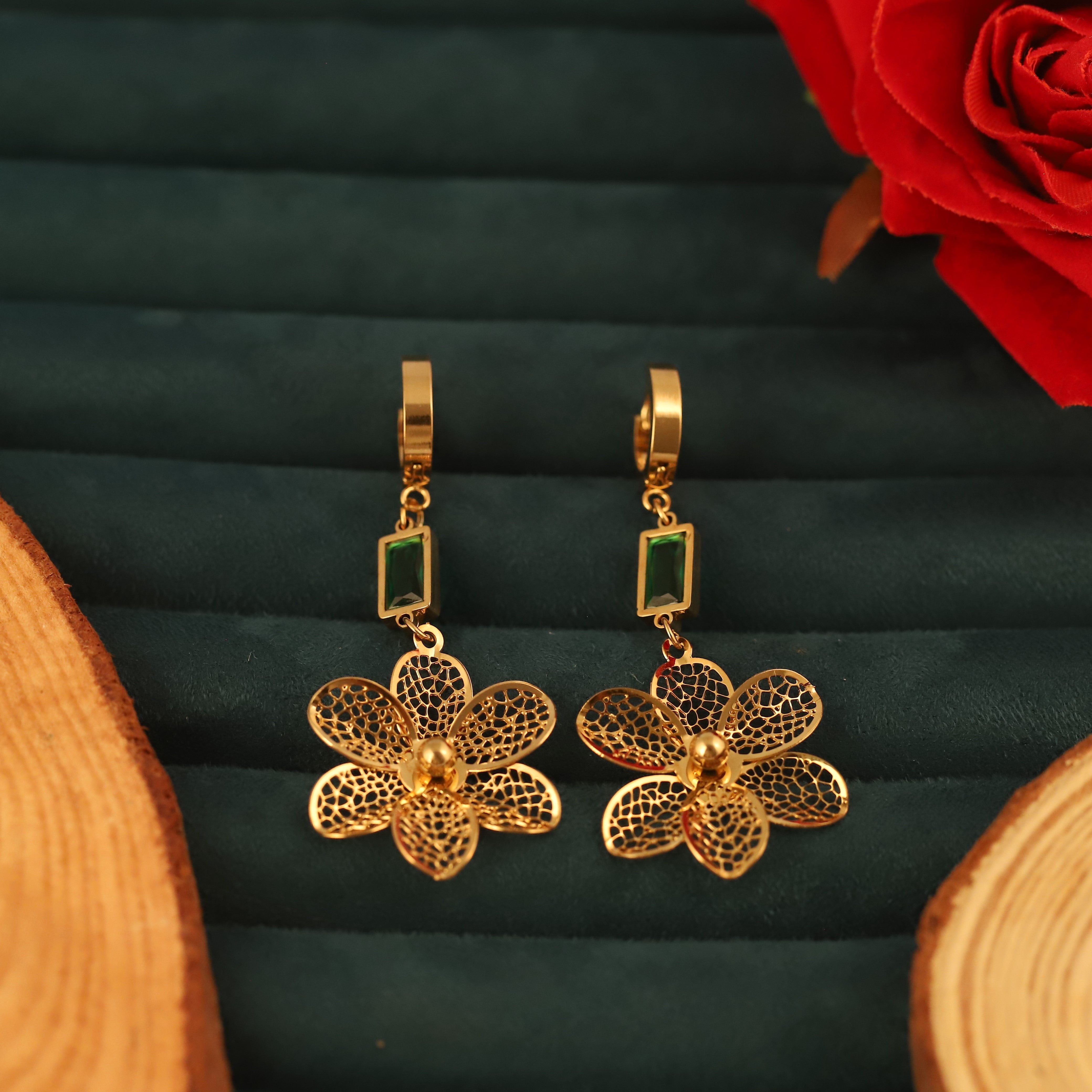 Hoop Flower Green Stone Earrings – 22KT Gold Plated, Anti-Tarnish, Waterproof, Everyday Minimalist Jewelry (GOLD)
