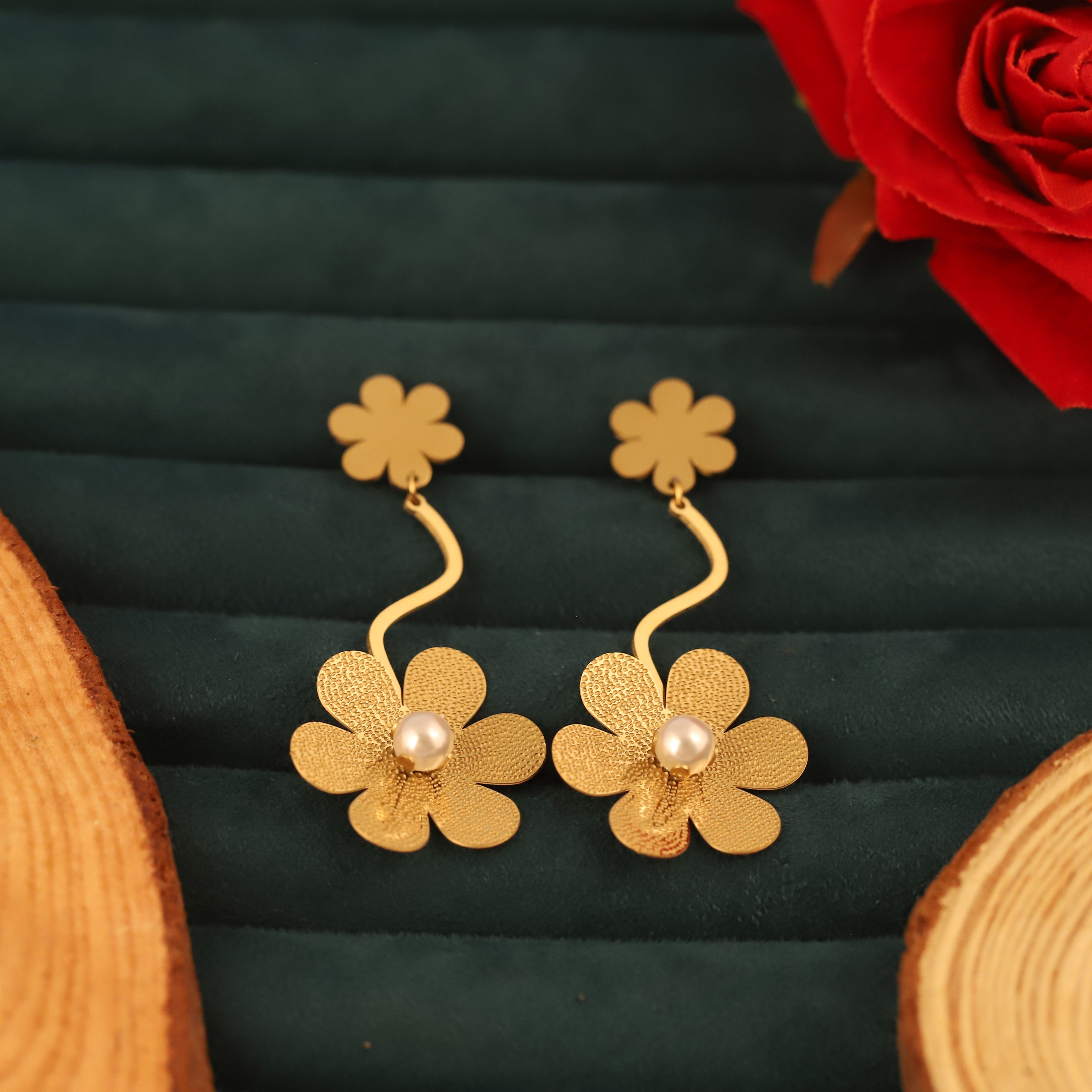 Trendy Flower Drops Earrings – Gold Plated, Anti-Tarnish, Waterproof, Everyday Minimalist Jewelry (GOLD)