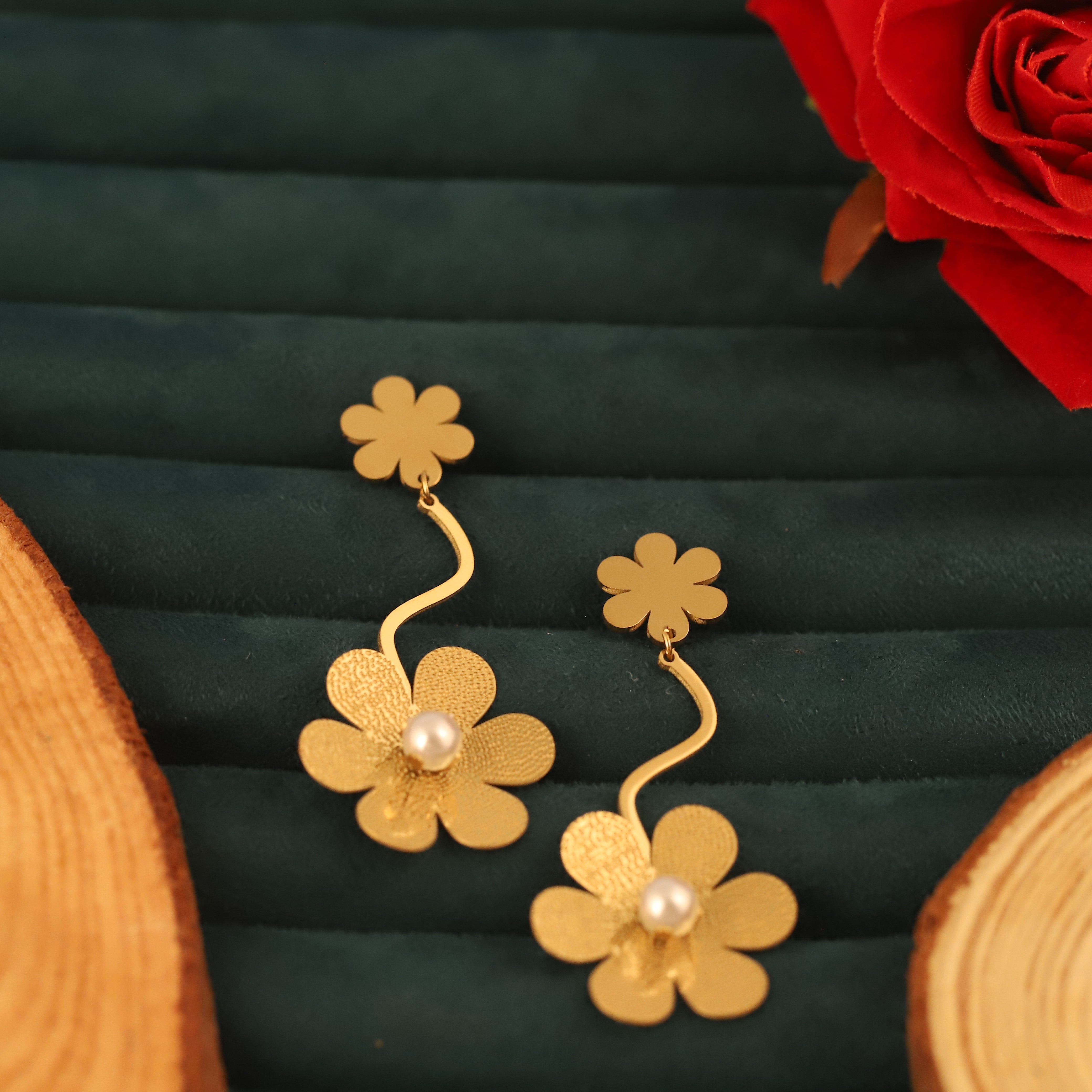 Trendy Flower Drops Earrings – Gold Plated, Anti-Tarnish, Waterproof, Everyday Minimalist Jewelry (GOLD)
