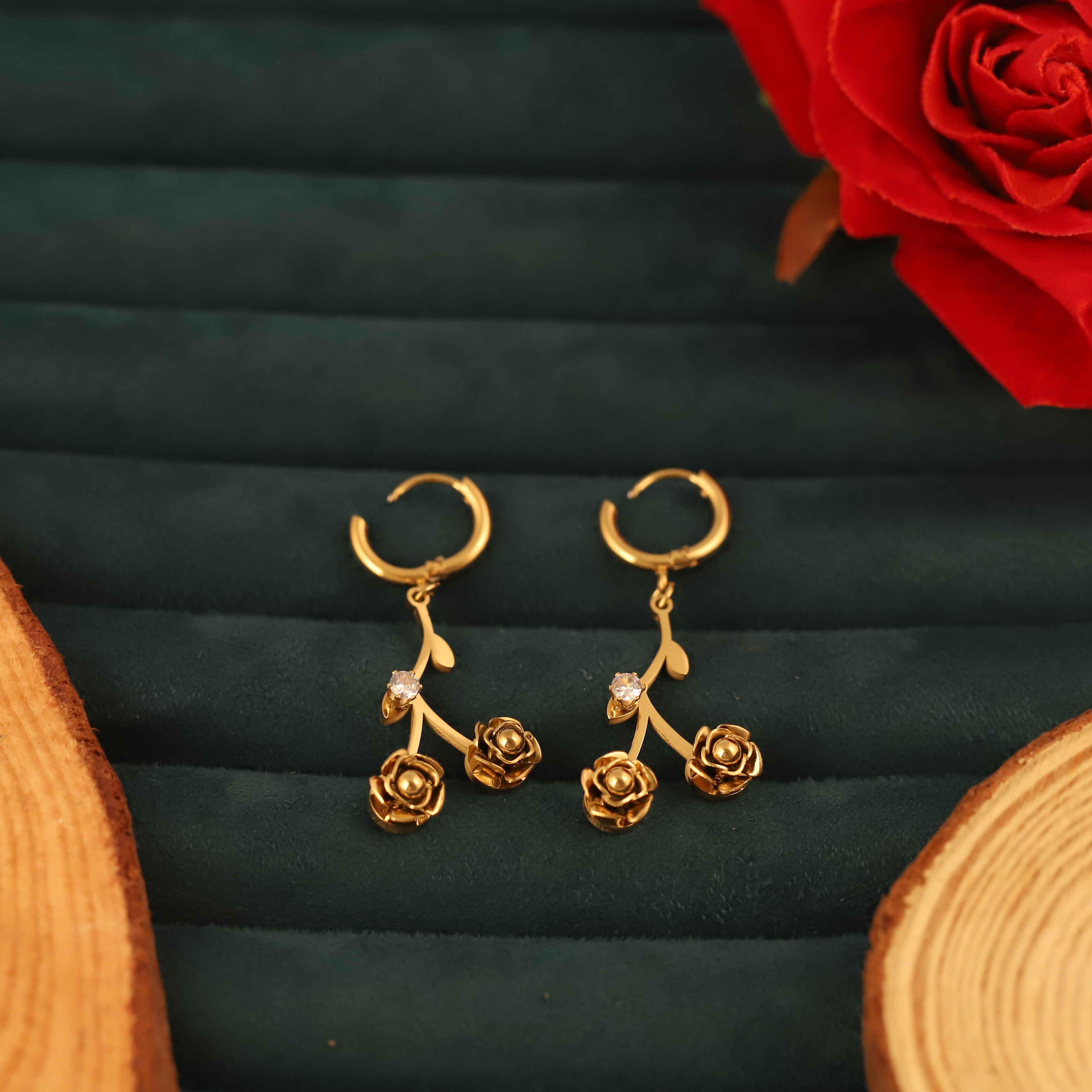 Hoop Rose Leaf Earrings – 22KT Gold Plated, Anti-Tarnish, Waterproof, Everyday Minimalist Jewelry (GOLD)