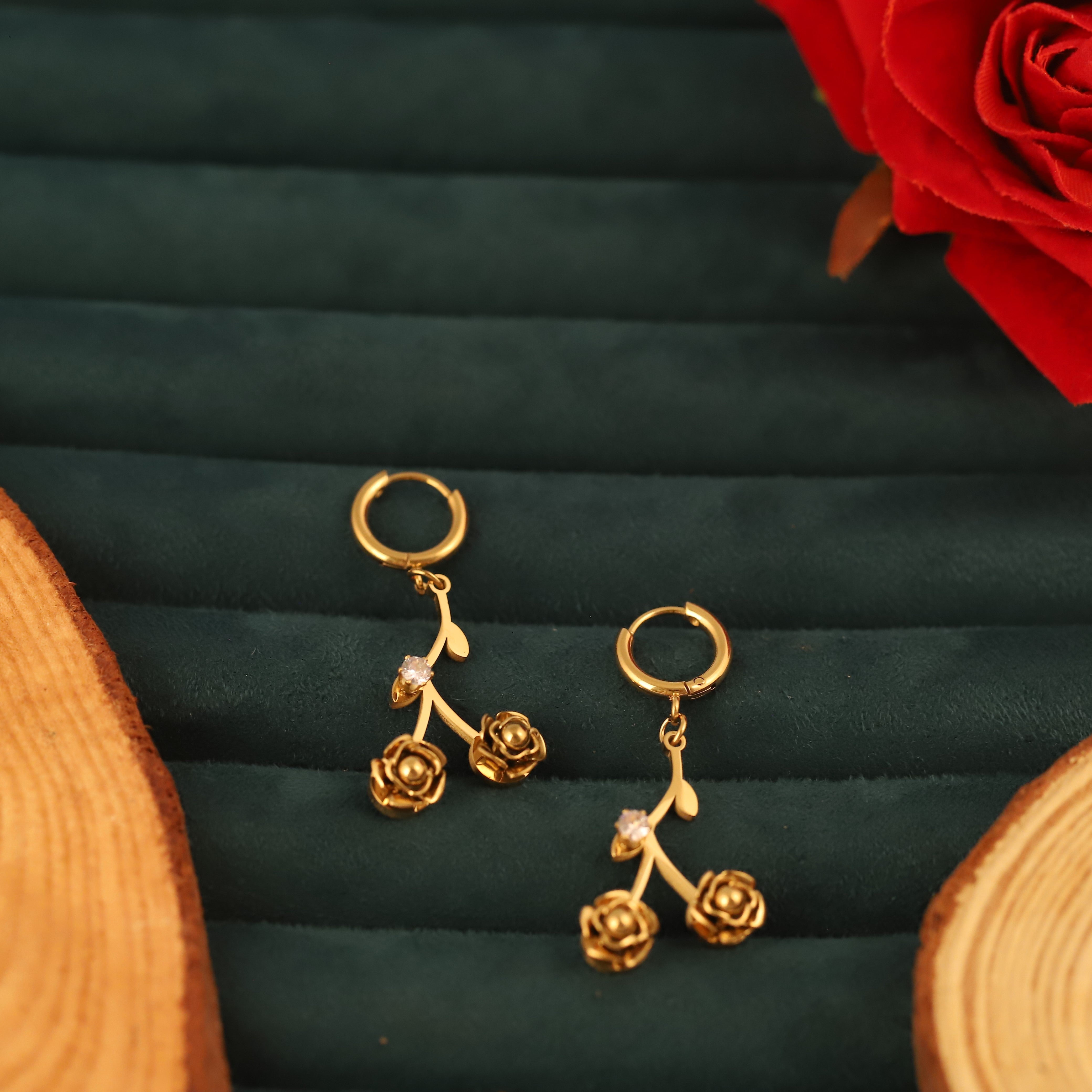 Hoop Rose Leaf Earrings – 22KT Gold Plated, Anti-Tarnish, Waterproof, Everyday Minimalist Jewelry (GOLD)