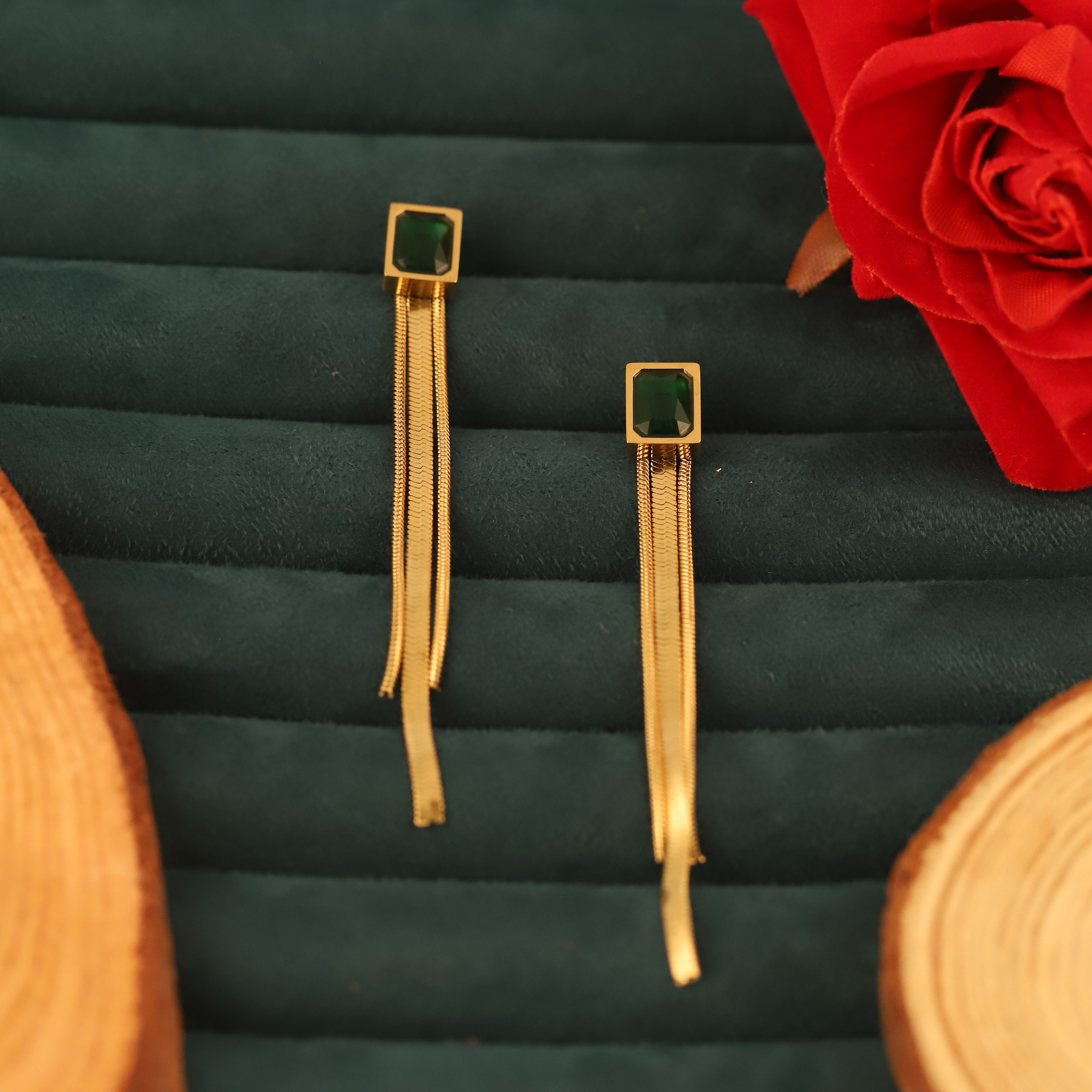 Trendy Green Stone Drops Earrings – Gold Plated, Anti-Tarnish, Waterproof, Everyday Minimalist Jewelry (GOLD)