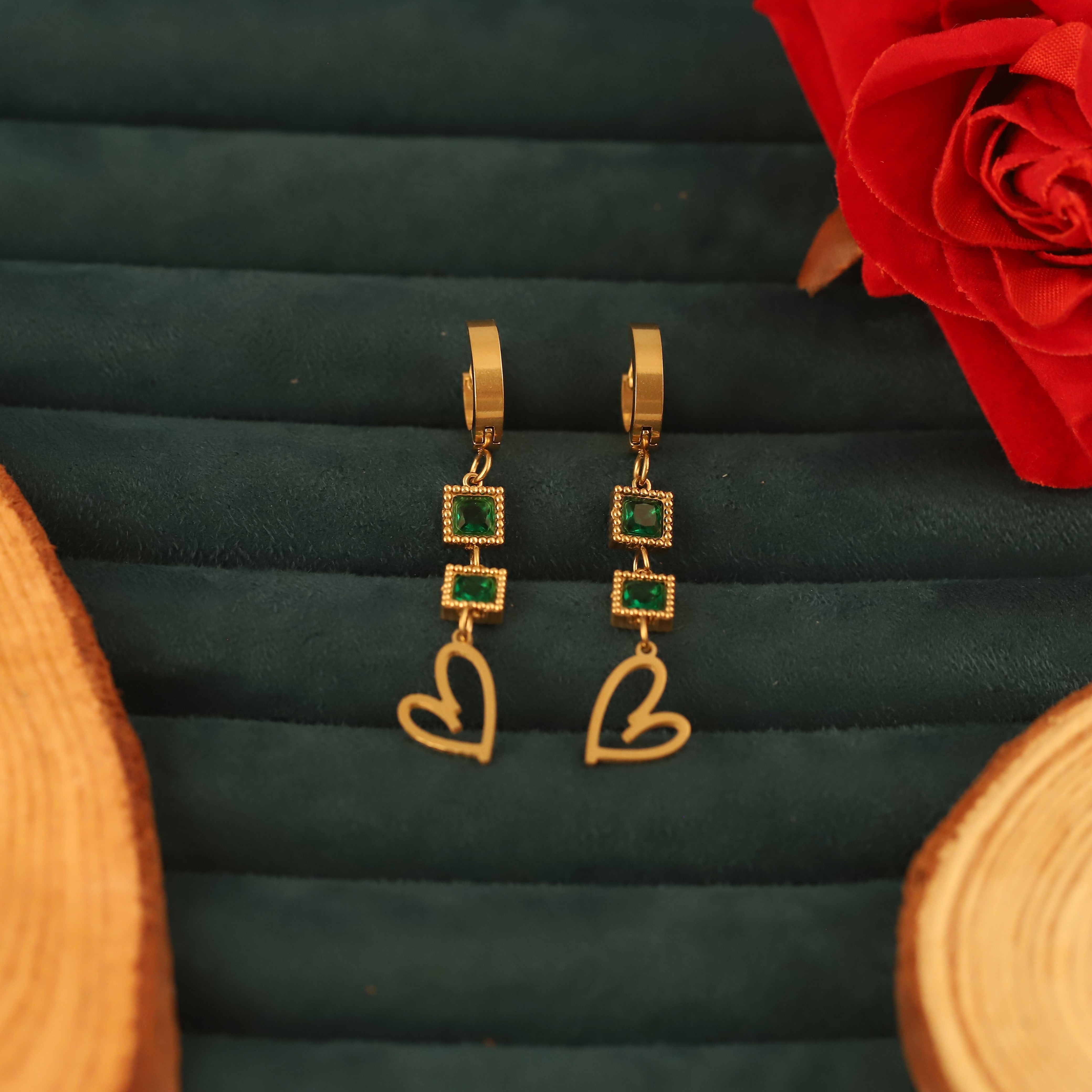 Hoop Green Stone Earrings – 22KT Gold Plated, Anti-Tarnish, Waterproof, Everyday Minimalist Jewelry (GOLD)