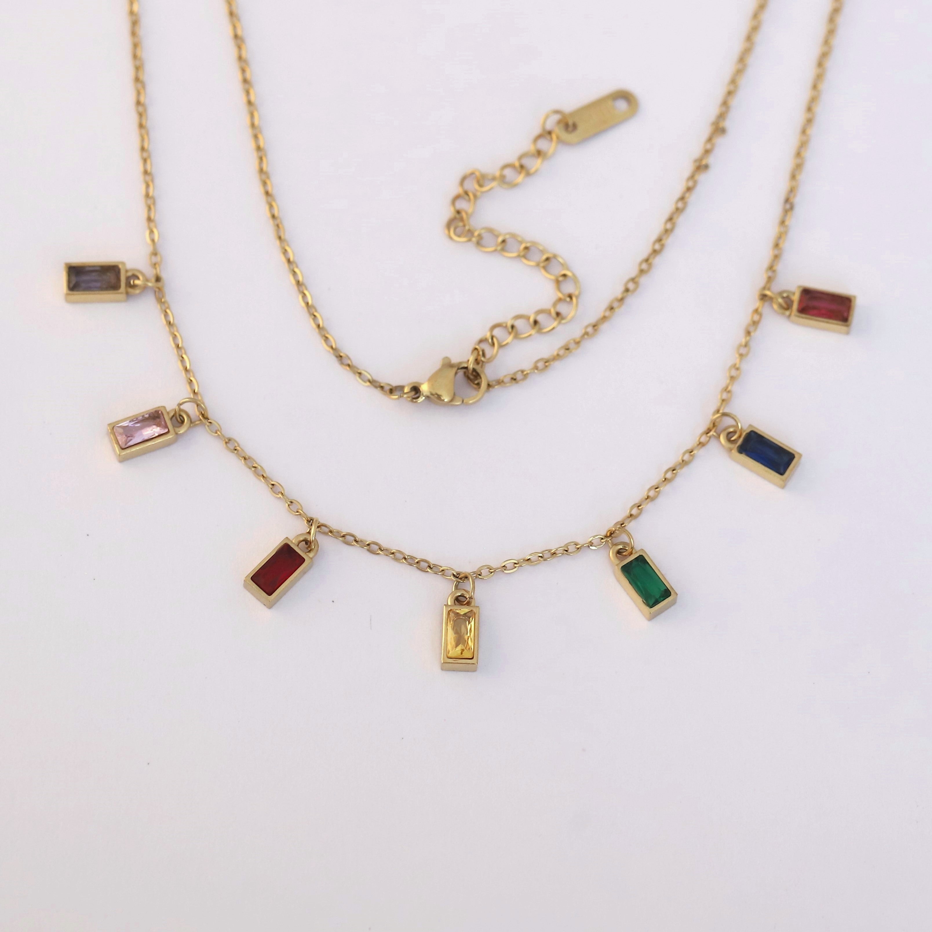 Zircon stone Multi Color Chain Gold Plated – Single Layer, Anti-Tarnish, Waterproof, Minimalist Style (GOLD)